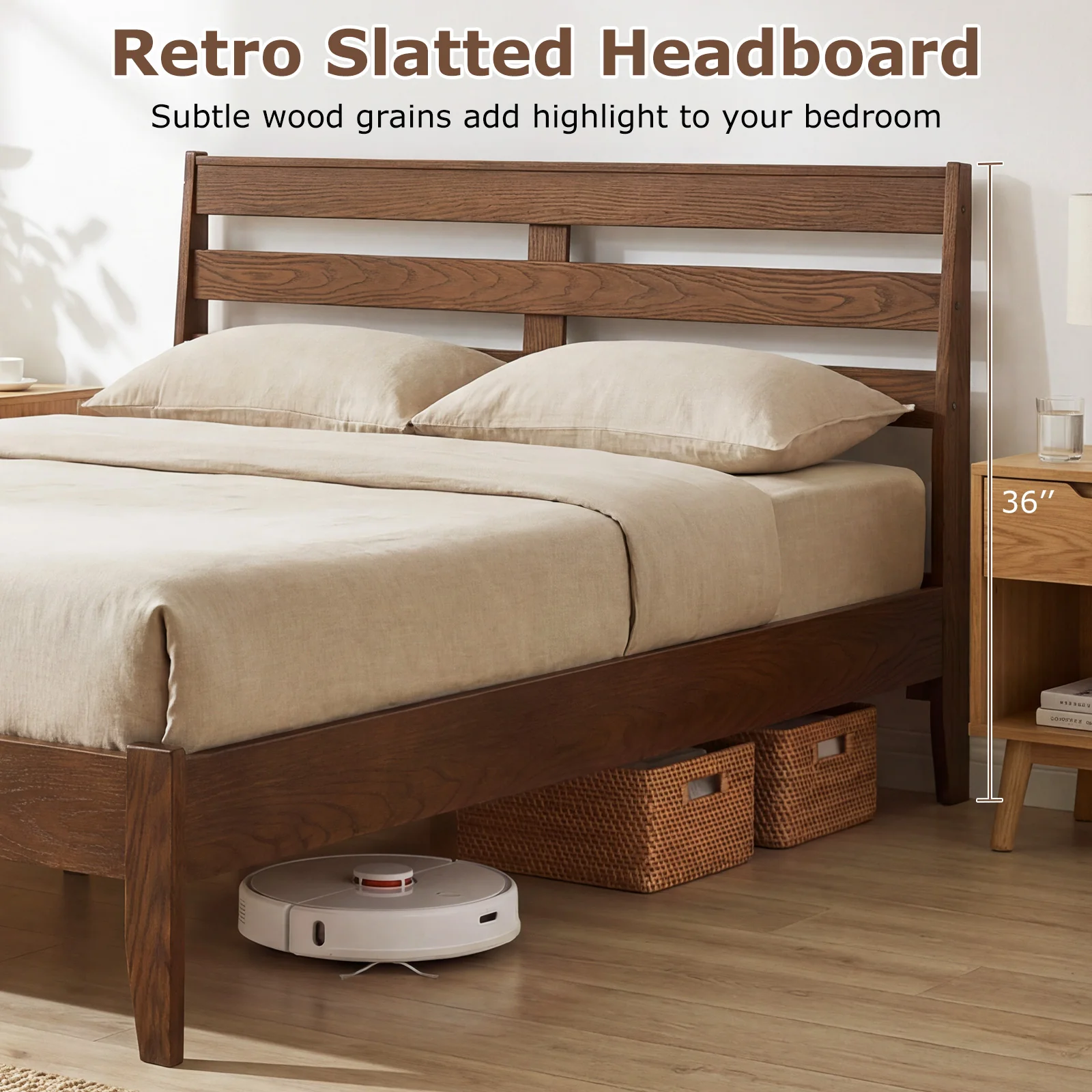 Full Size Wood Platform Bed Frame, Slat Headboard, Brown - Image 6