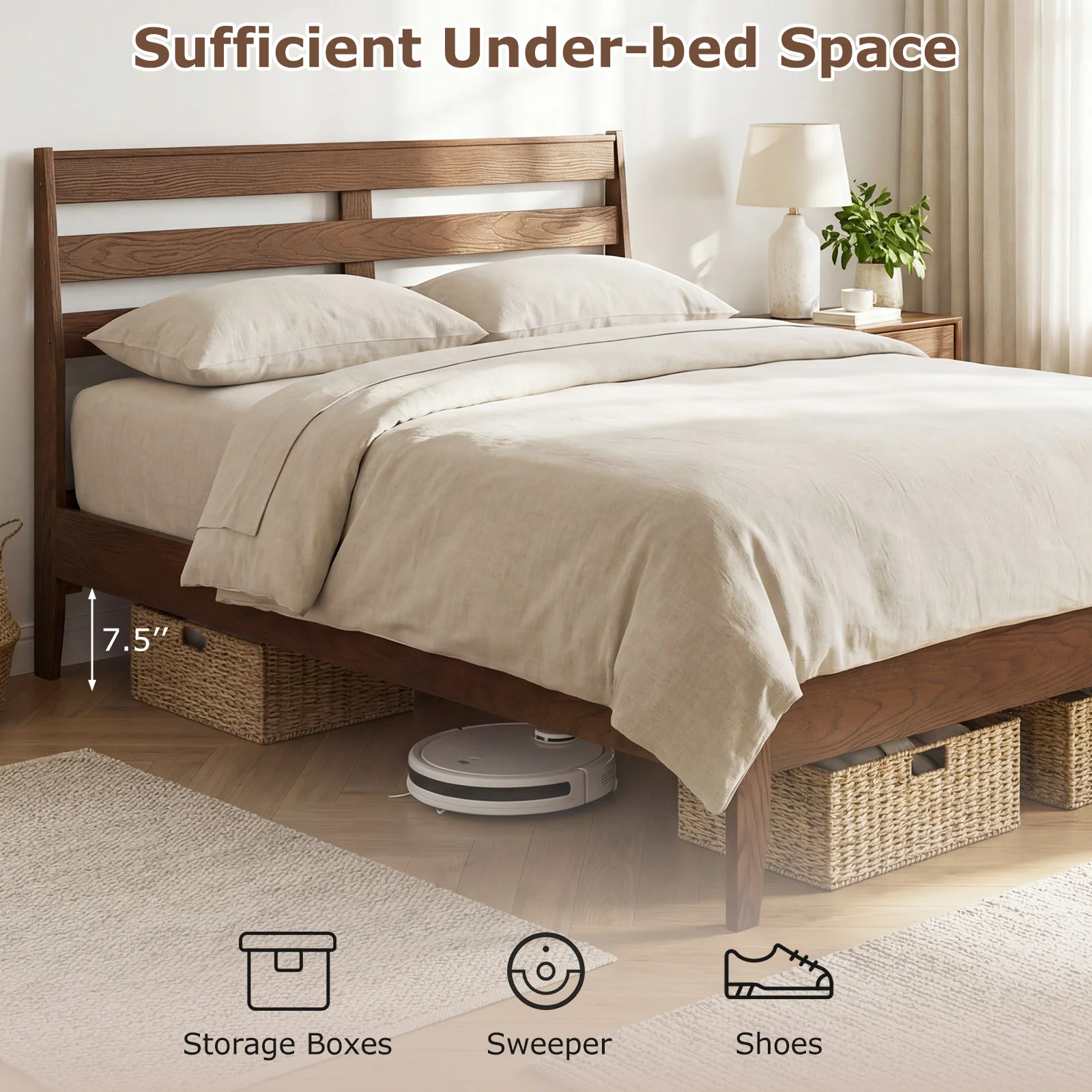 Full Size Wood Platform Bed Frame, Slat Headboard, Brown - Image 7