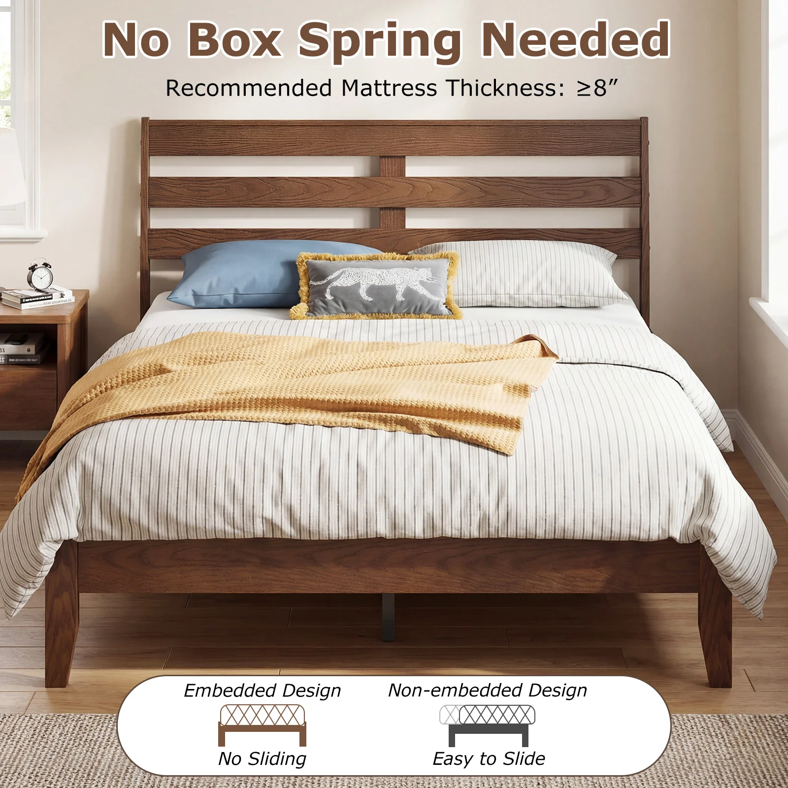 Full Size Wood Platform Bed Frame, Slat Headboard, Brown - Image 8