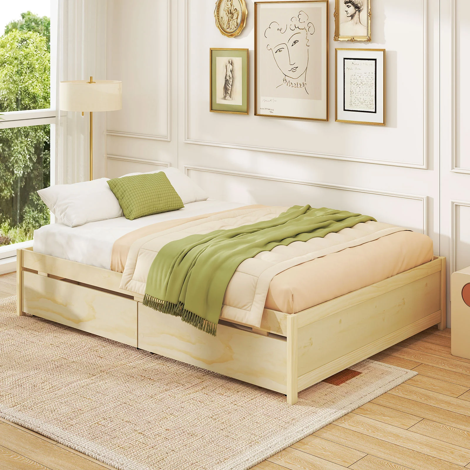 Full Size Wooden Bed Frame With 2 Rolling Storage Drawers, Natural - Image 3