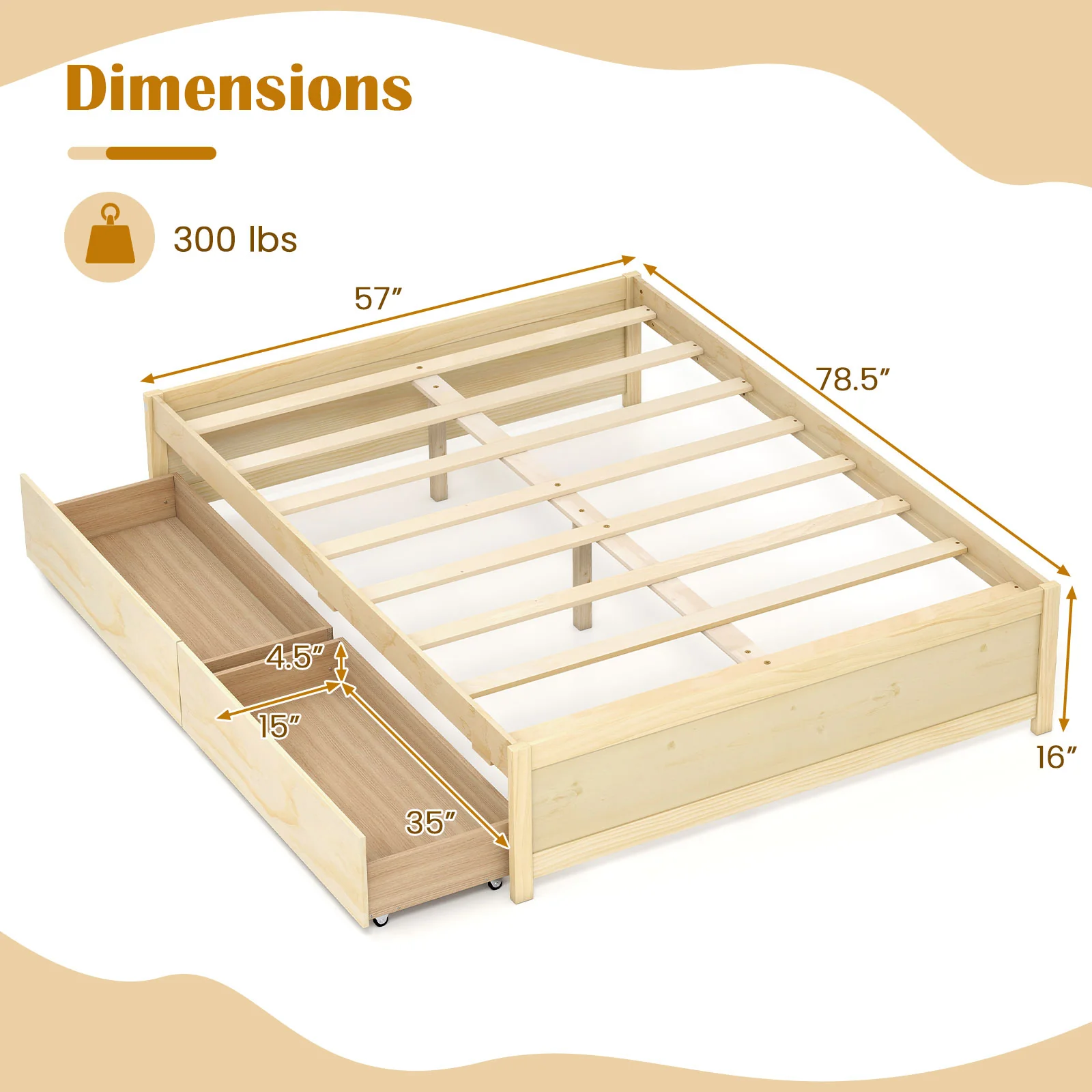 Full Size Wooden Bed Frame With 2 Rolling Storage Drawers, Natural - Image 5