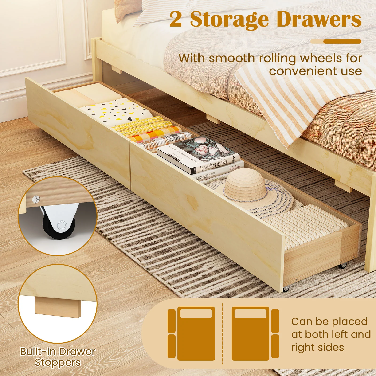 Full Size Wooden Bed Frame With 2 Rolling Storage Drawers, Natural - Image 6
