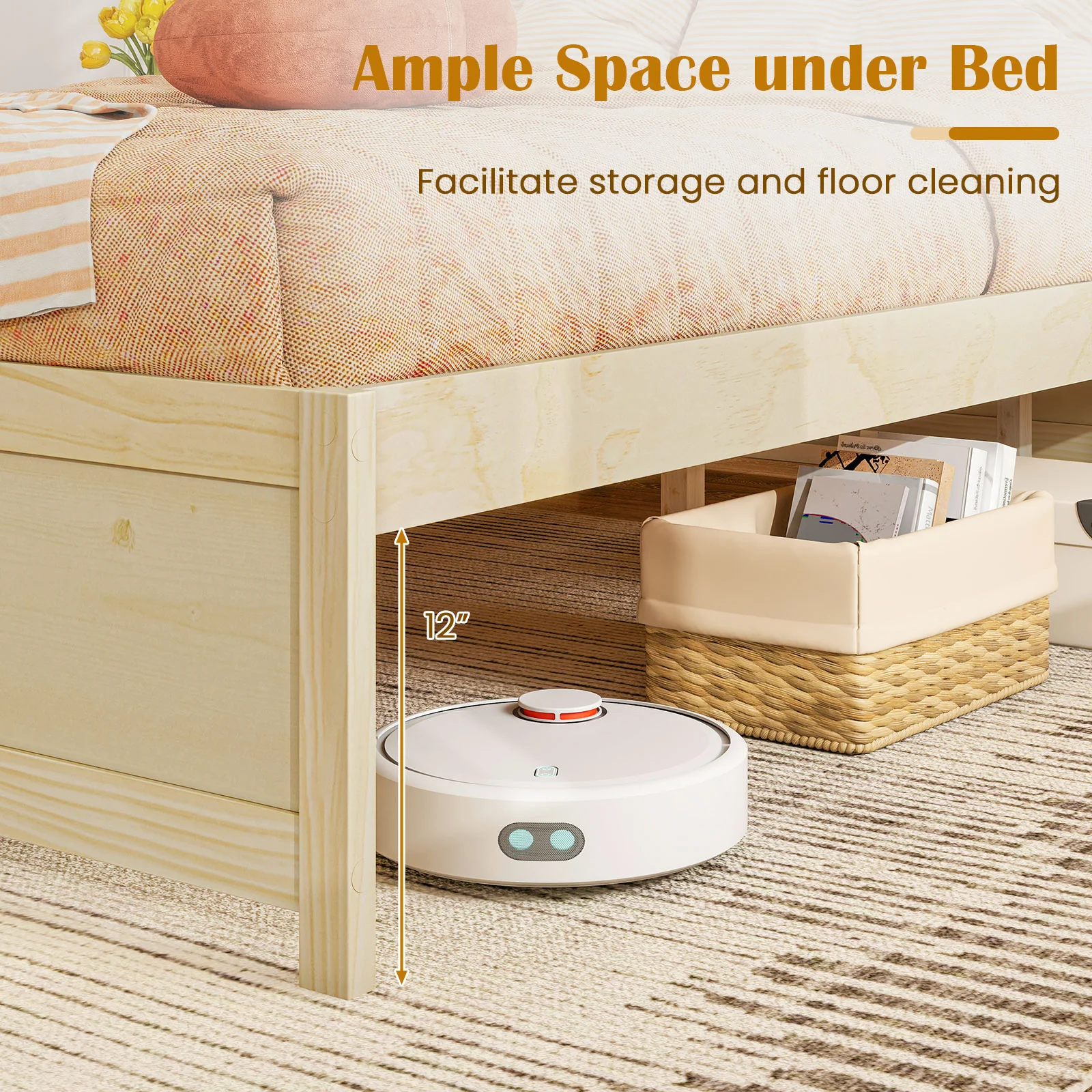 Full Size Wooden Bed Frame With 2 Rolling Storage Drawers, Natural - Image 9