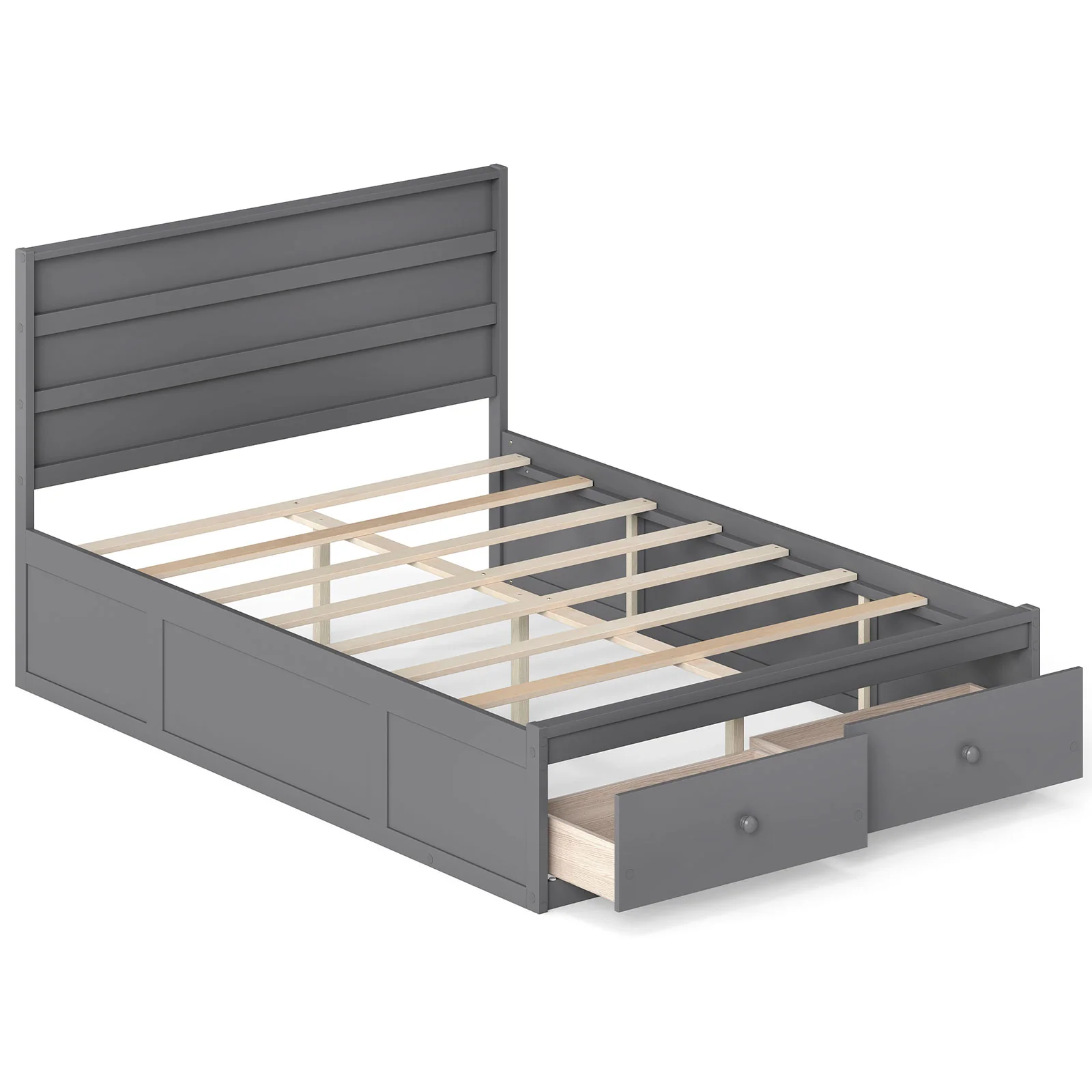 Full Size Wooden Platform Bed with Storage Drawers, Gray