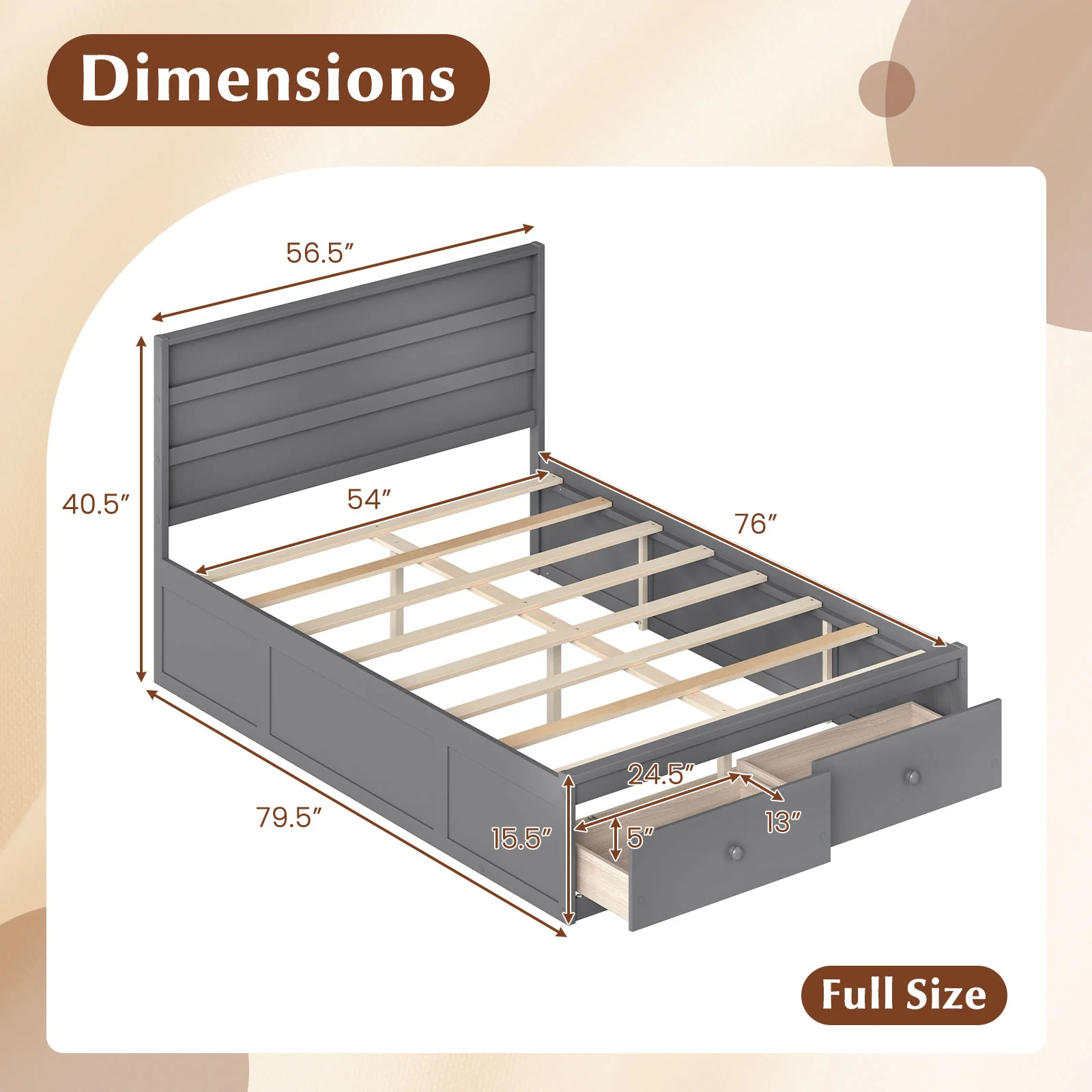 Full Size Wooden Platform Bed with Storage Drawers, Gray - Image 4