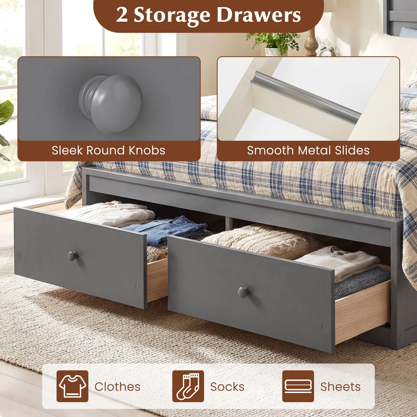 Full Size Wooden Platform Bed with Storage Drawers, Gray - Image 5