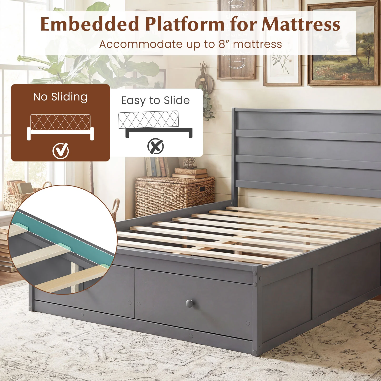Full Size Wooden Platform Bed with Storage Drawers, Gray - Image 7