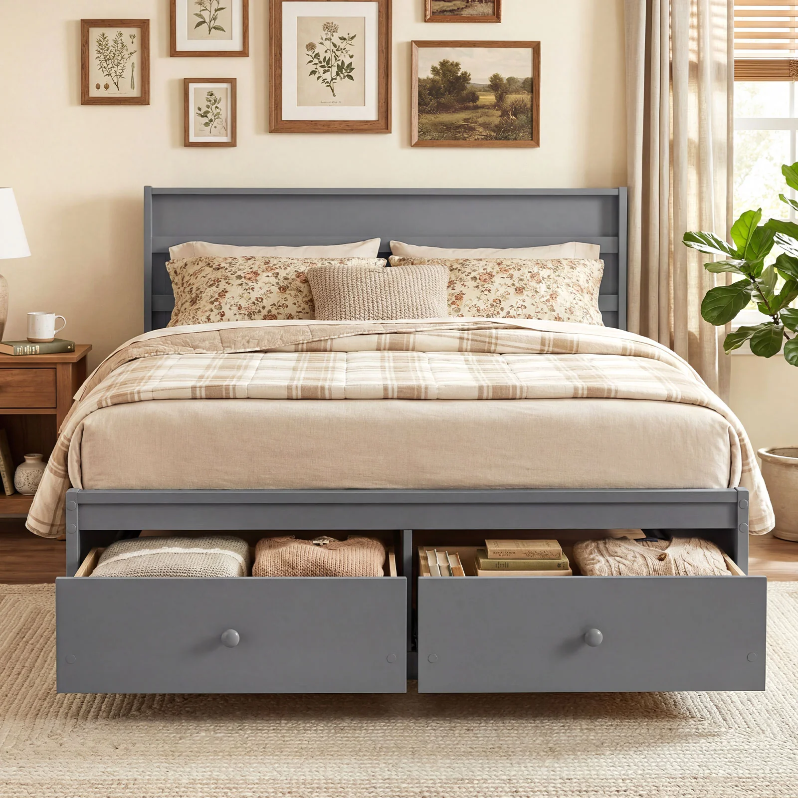 Full Size Wooden Platform Bed with Storage Drawers, Gray - Image 9