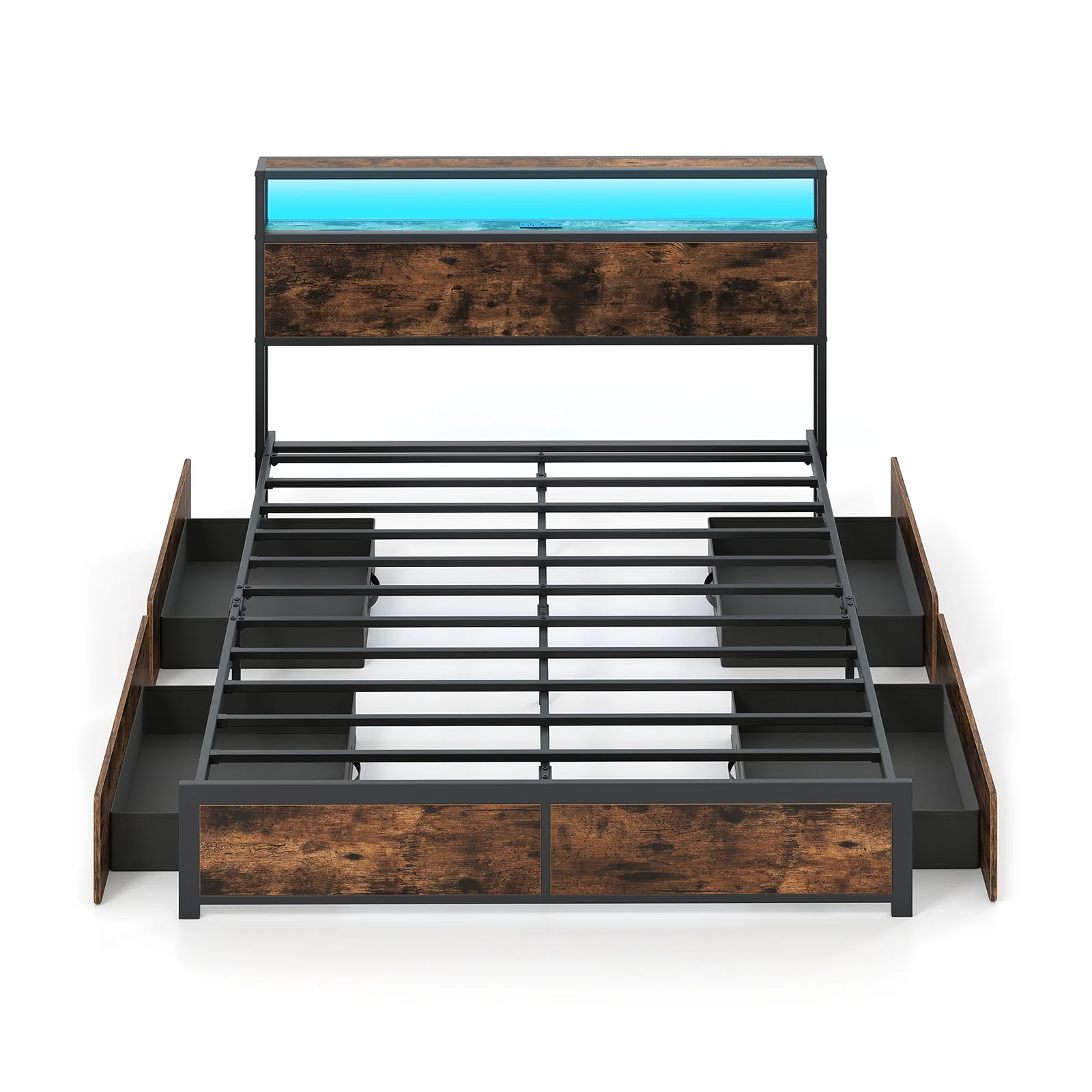Full/Queen Size LED Bed Frame with Charging Station and 4 Storage Drawers-Queen - Image 4