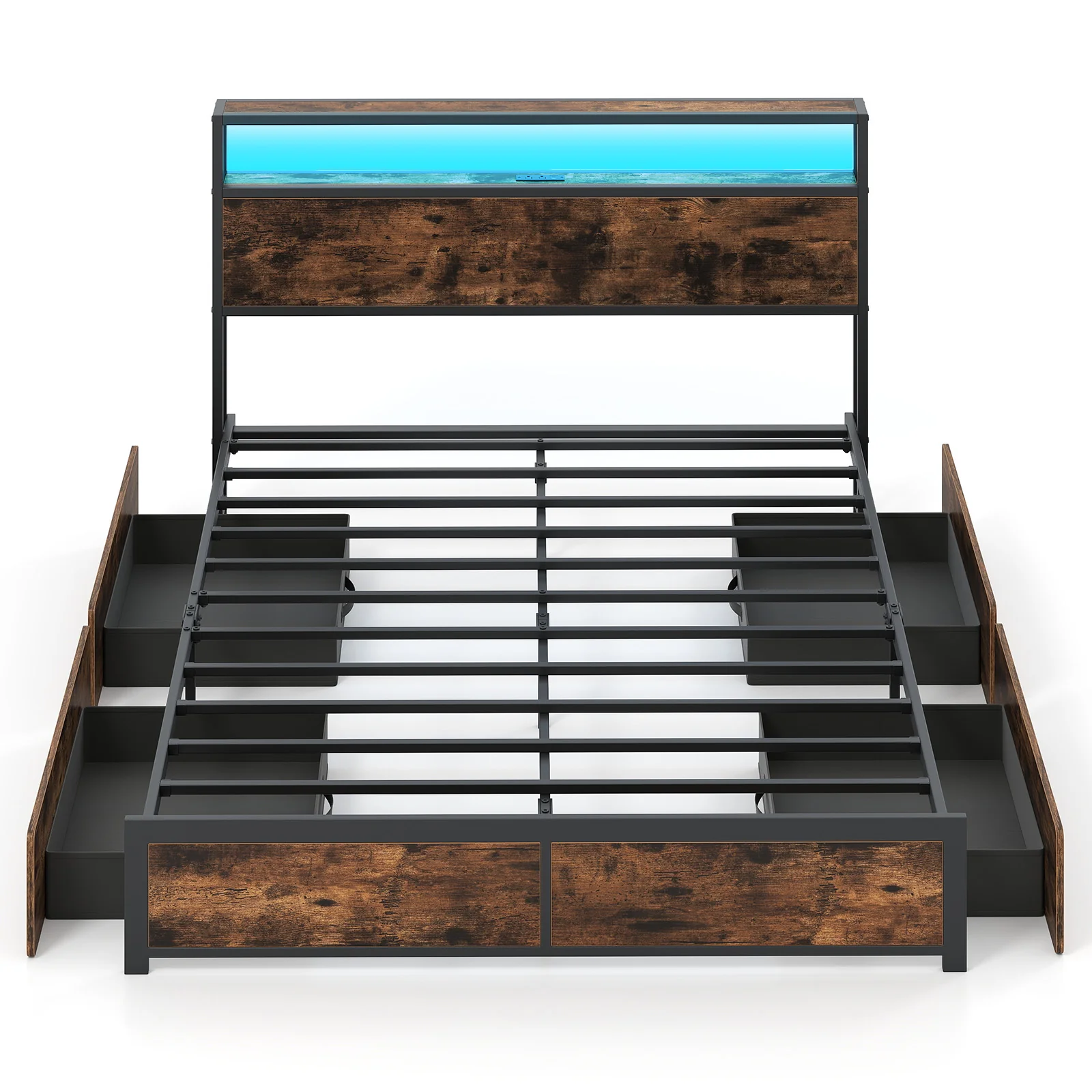 Full/Queen Size LED Bed Frame with Charging Station and 4 Storage Drawers-Queen - Image 5