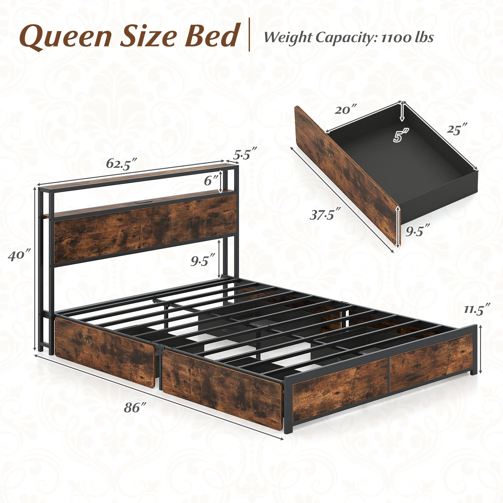 Full/Queen Size LED Bed Frame with Charging Station and 4 Storage Drawers-Queen - Image 6