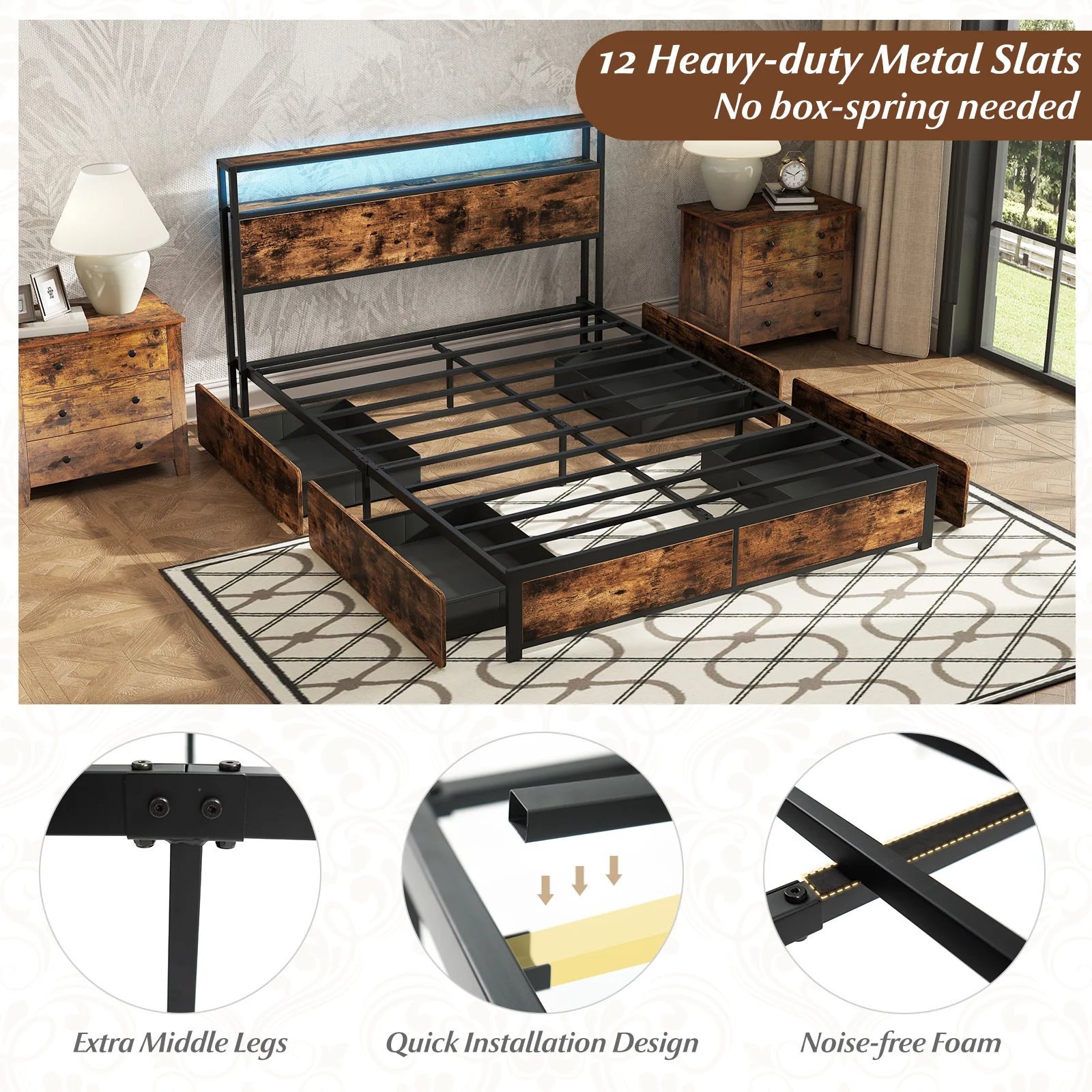 Full/Queen Size LED Bed Frame with Charging Station and 4 Storage Drawers-Queen - Image 7