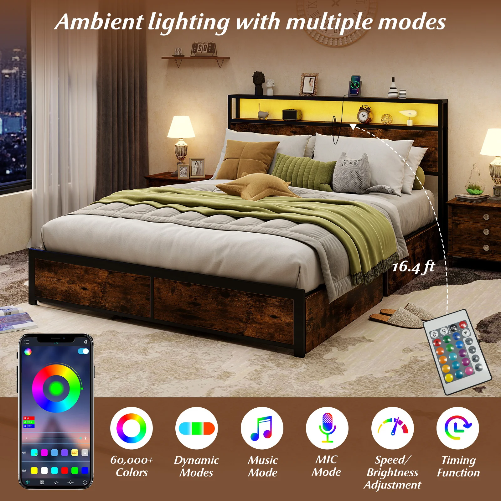 Full/Queen Size LED Bed Frame with Charging Station and 4 Storage Drawers-Queen - Image 8