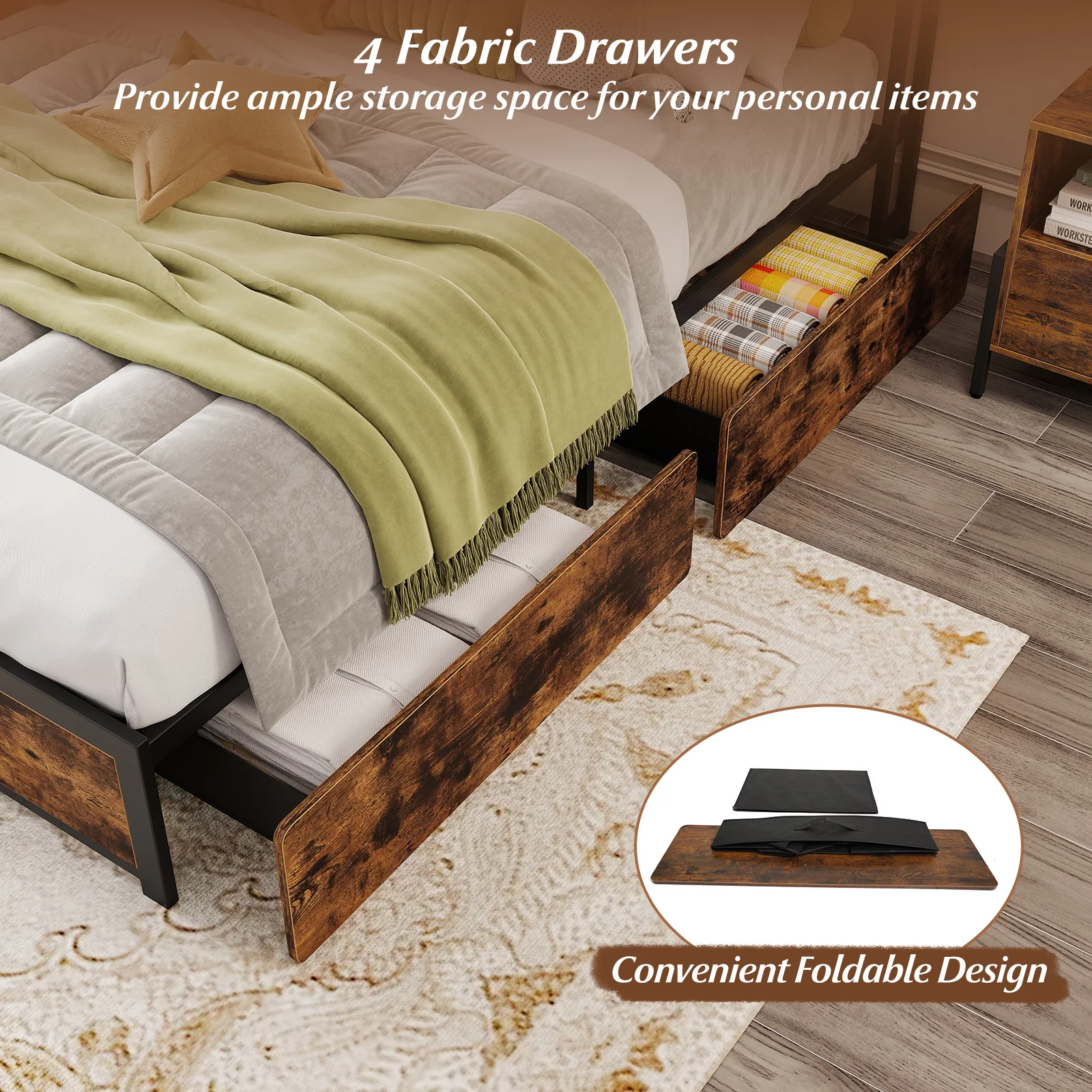 Full/Queen Size LED Bed Frame with Charging Station and 4 Storage Drawers-Queen - Image 9
