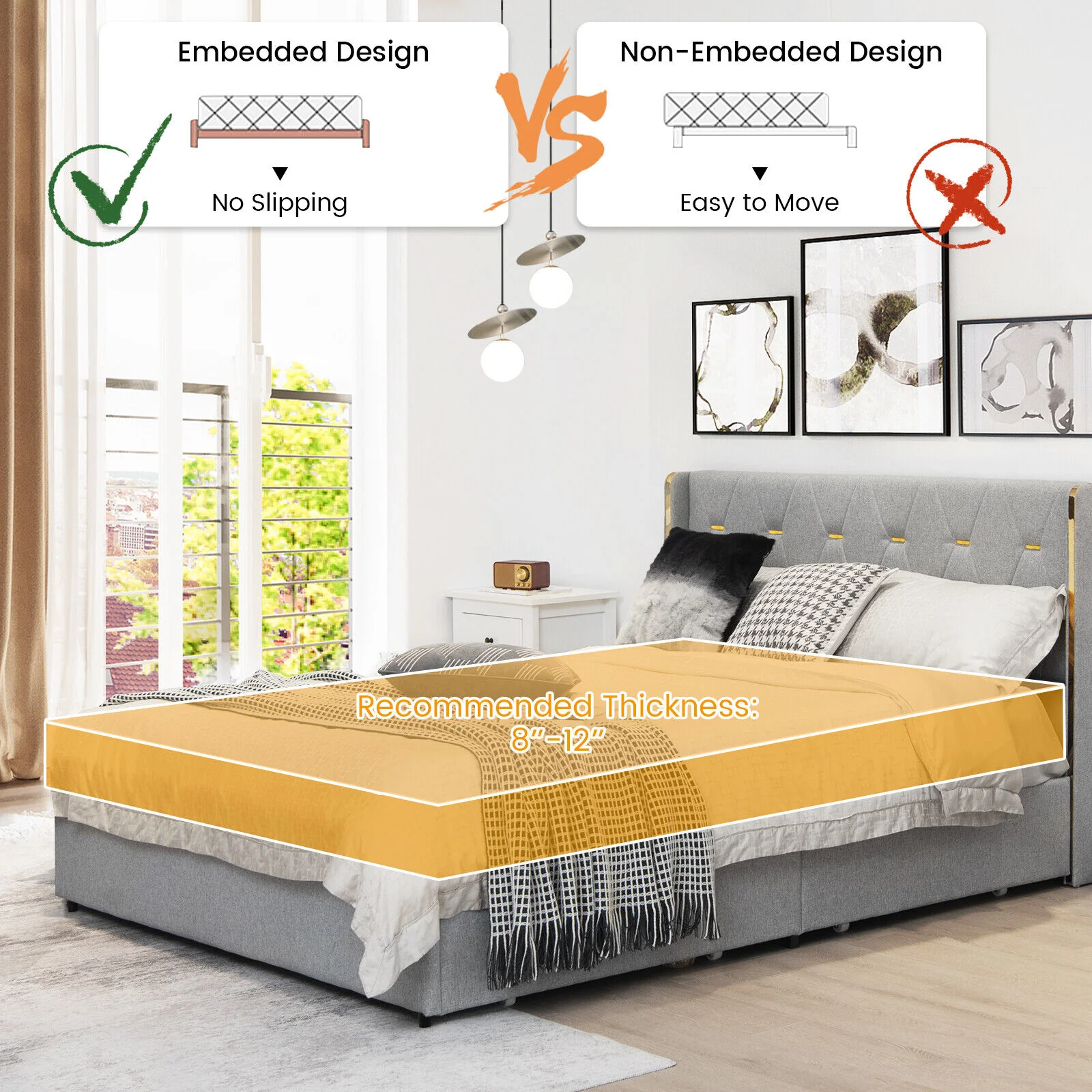 Full/Queen Size Upholstered Bed Frame with 4 Drawers-Silver-Full Size, Silver - Image 10