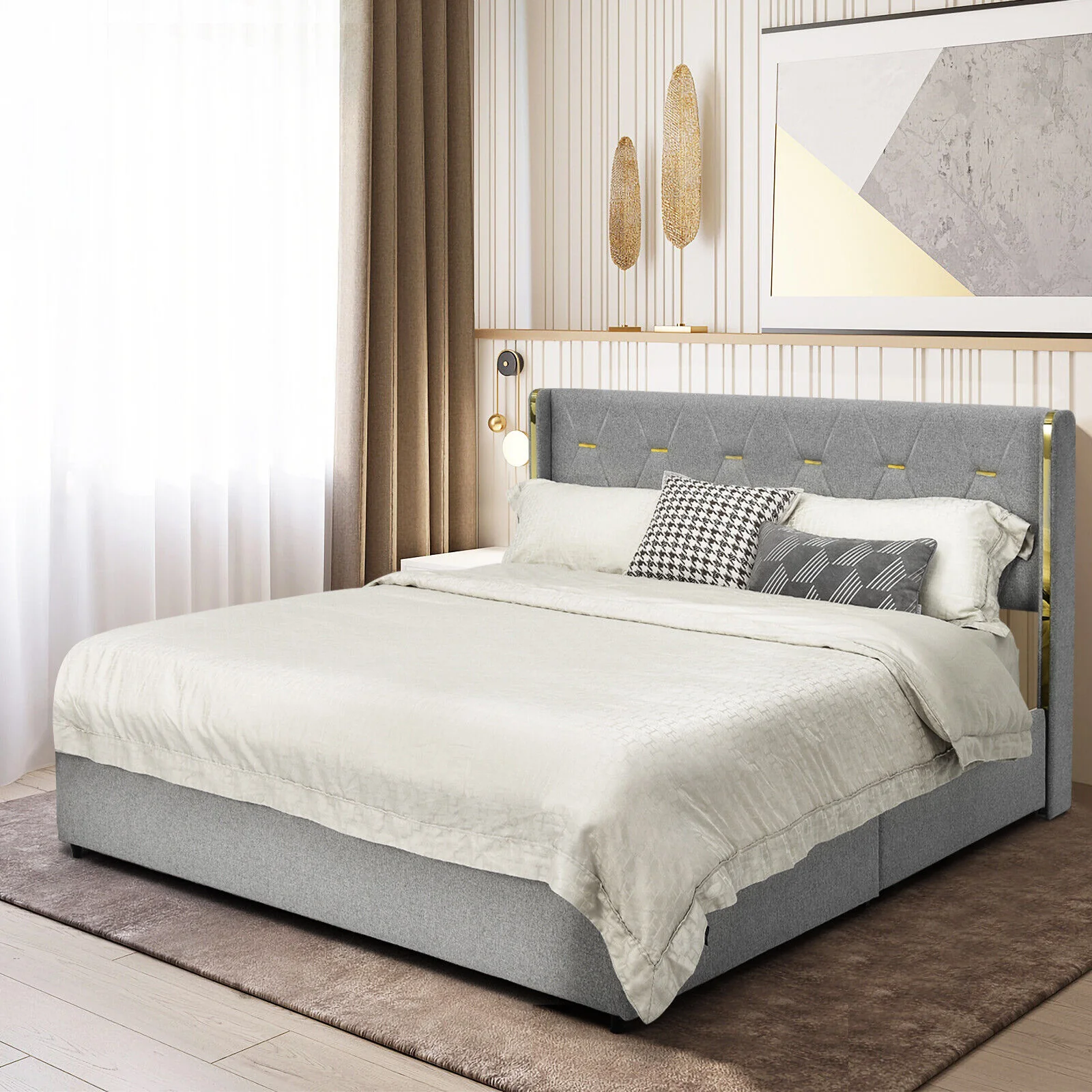 Full/Queen Size Upholstered Bed Frame with 4 Drawers-Silver-Full Size, Silver - Image 2