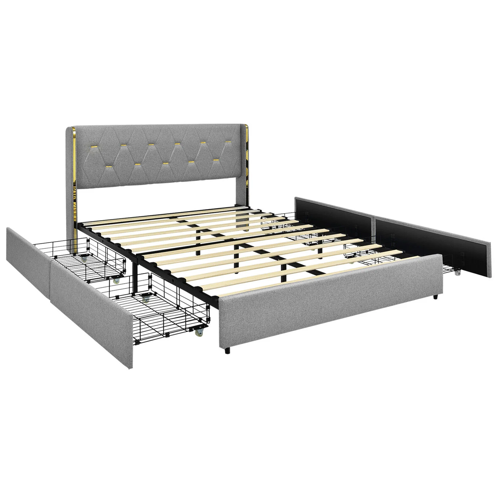 Full/Queen Size Upholstered Bed Frame with 4 Drawers-Silver-Full Size, Silver - Image 3