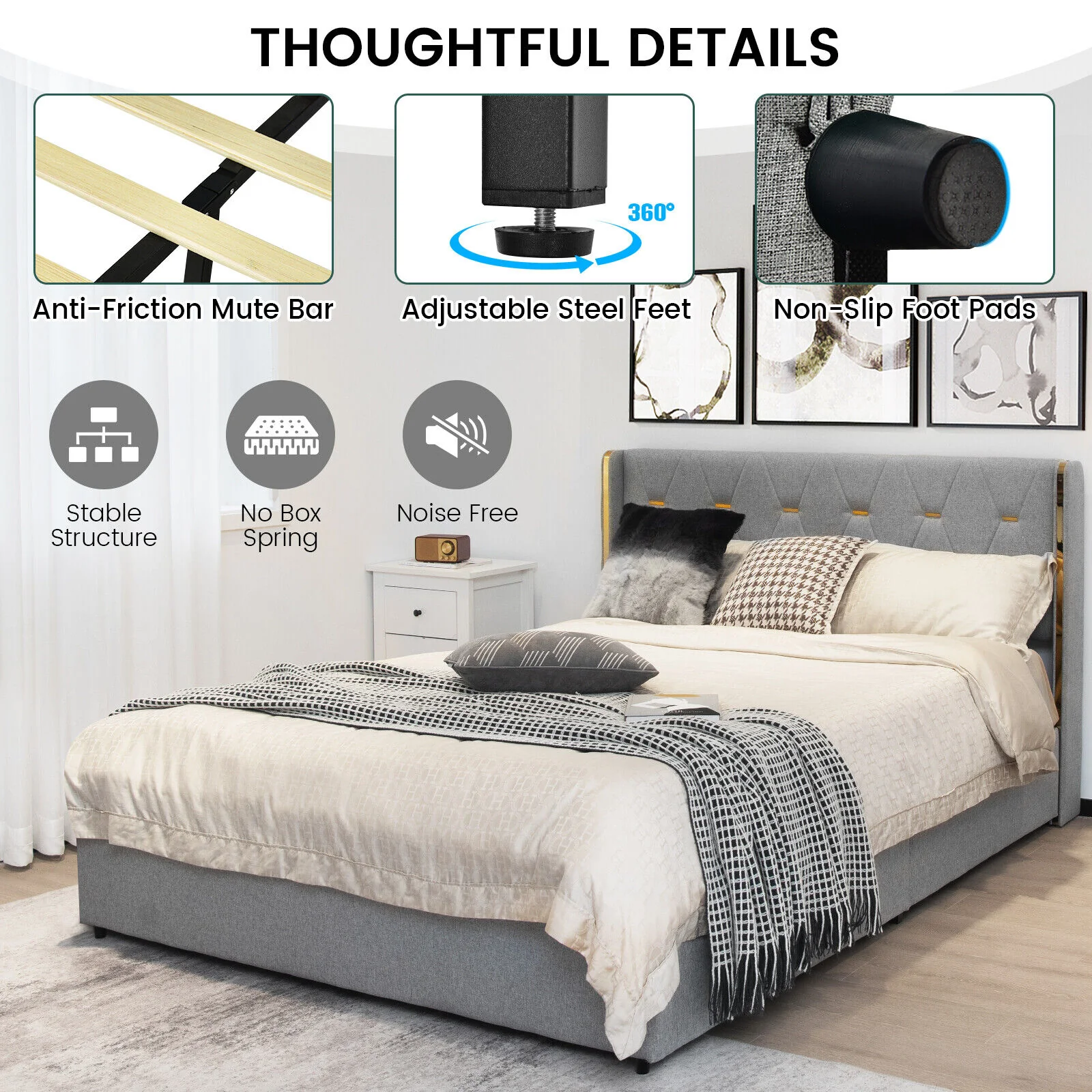 Full/Queen Size Upholstered Bed Frame with 4 Drawers-Silver-Full Size, Silver - Image 6