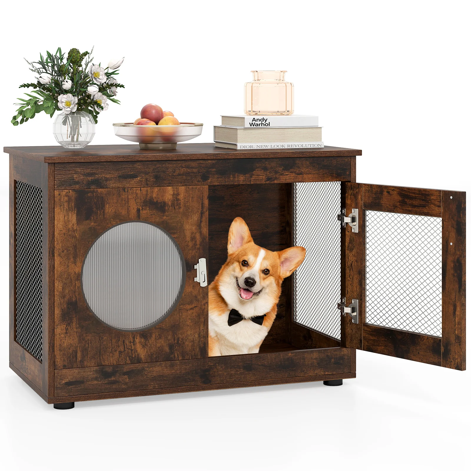 Furniture Style Dog Crate for Small and Medium Dogs with Translucent Window and Lockable Door, Rustic Brown - Image 4
