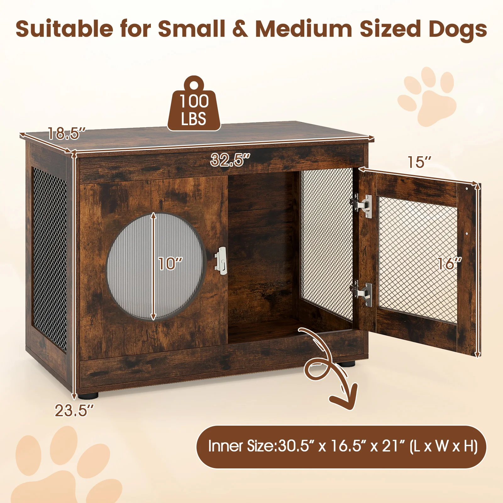 Furniture Style Dog Crate for Small and Medium Dogs with Translucent Window and Lockable Door, Rustic Brown - Image 6