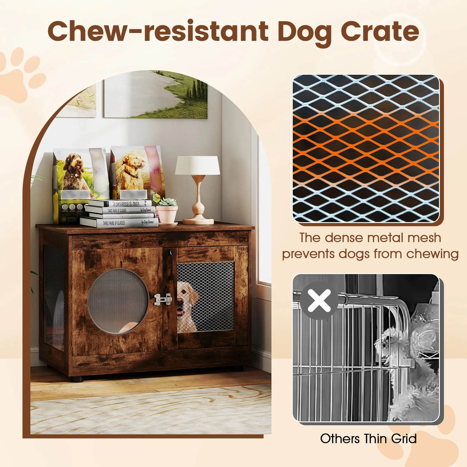 Furniture Style Dog Crate for Small and Medium Dogs with Translucent Window and Lockable Door, Rustic Brown - Image 7