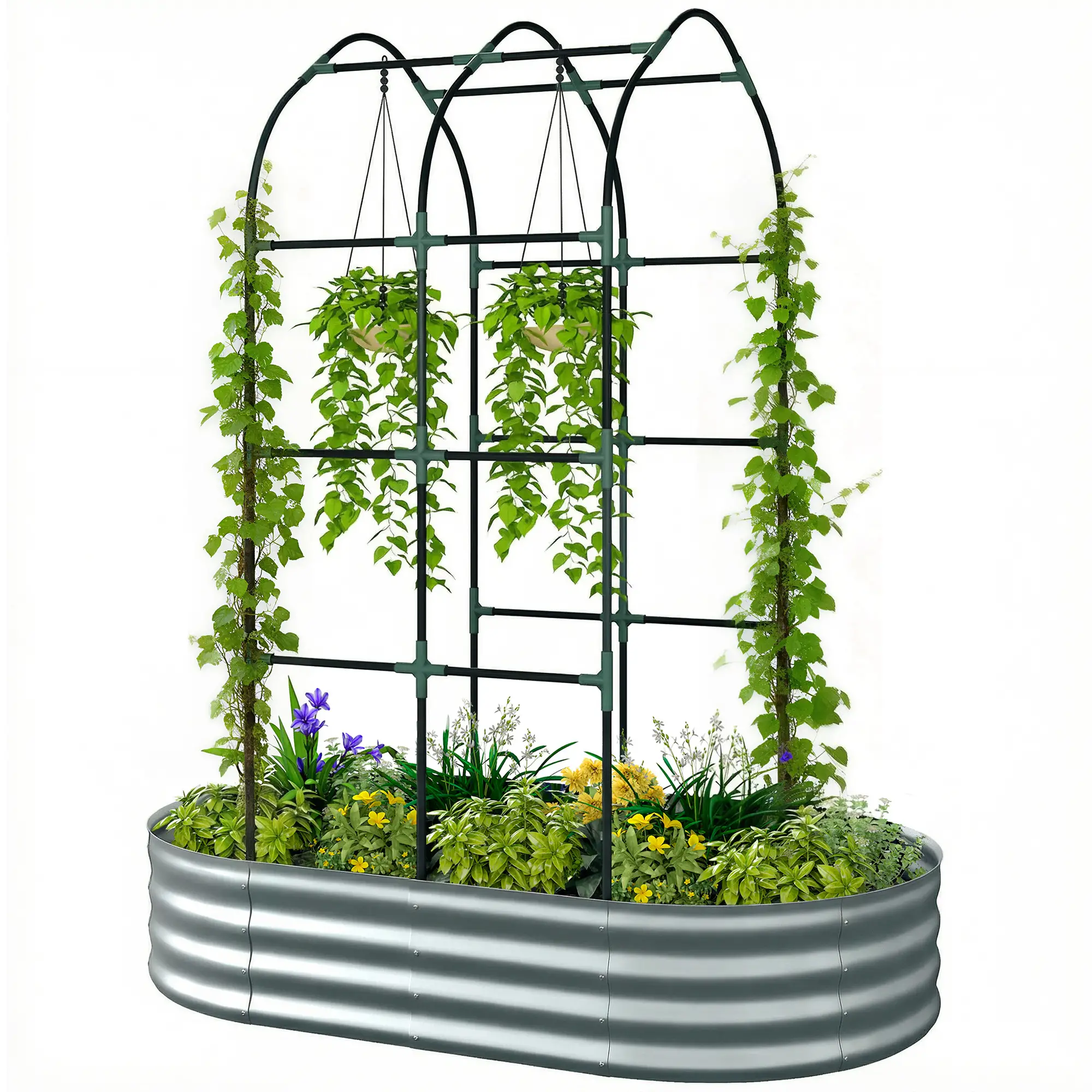 Galvanised Raised Garden Bed With Arched Trellis, 5 x 3 x 6ft, Silver