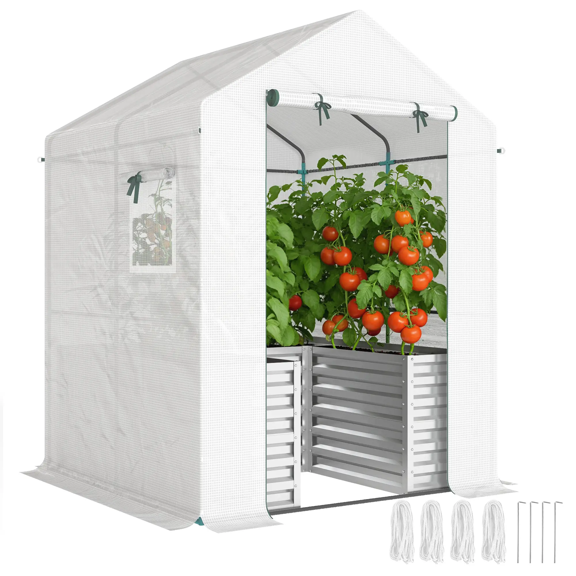 Galvanized Metal Greenhouse, Raised Garden Bed, 56" x 56" x 75", White - Image 11