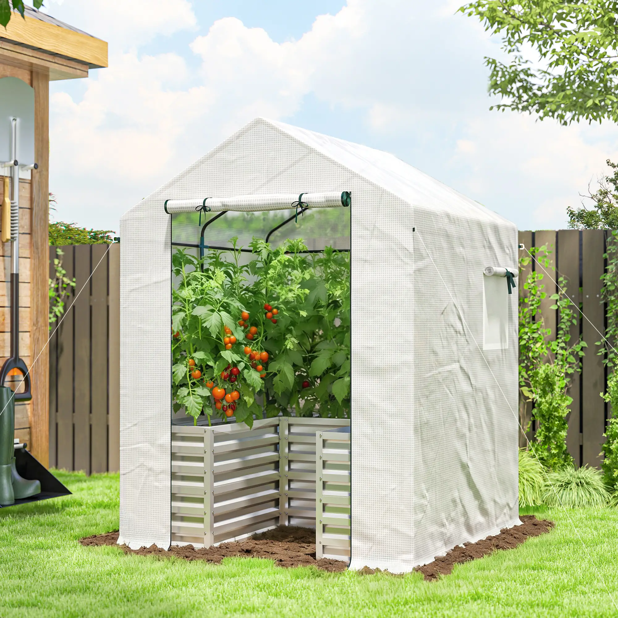 Galvanized Metal Greenhouse, Raised Garden Bed, 56" x 56" x 75", White - Image 2