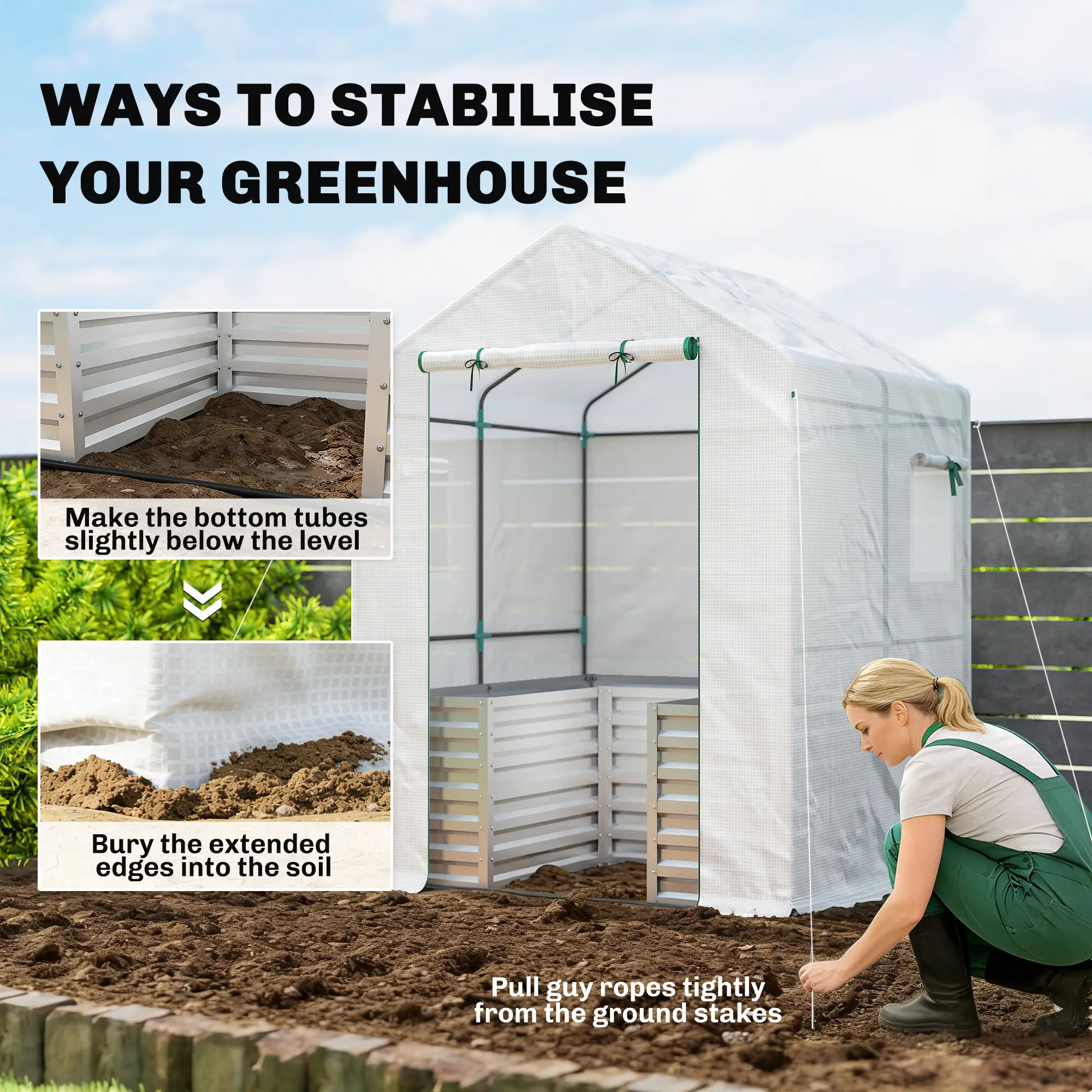 Galvanized Metal Greenhouse, Raised Garden Bed, 56" x 56" x 75", White - Image 9