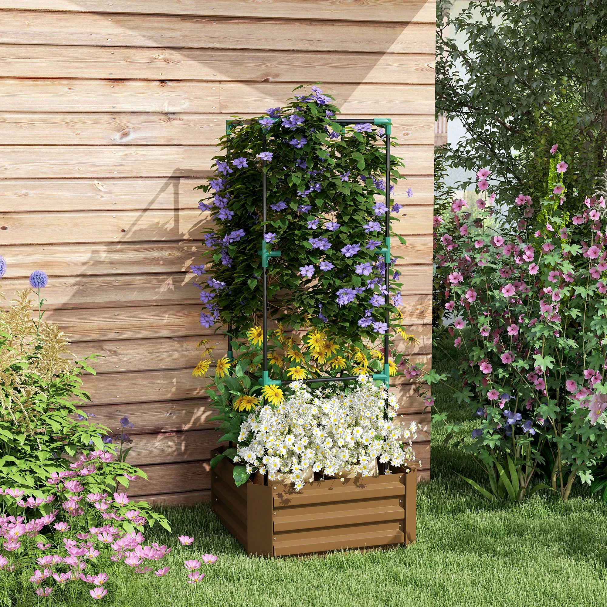 Galvanized Planter Box, Outdoor Raised Garden Bed with 3-Tier Trellis Tomato Cage for Climbing Vines, Vegetables, Brown - Image 2