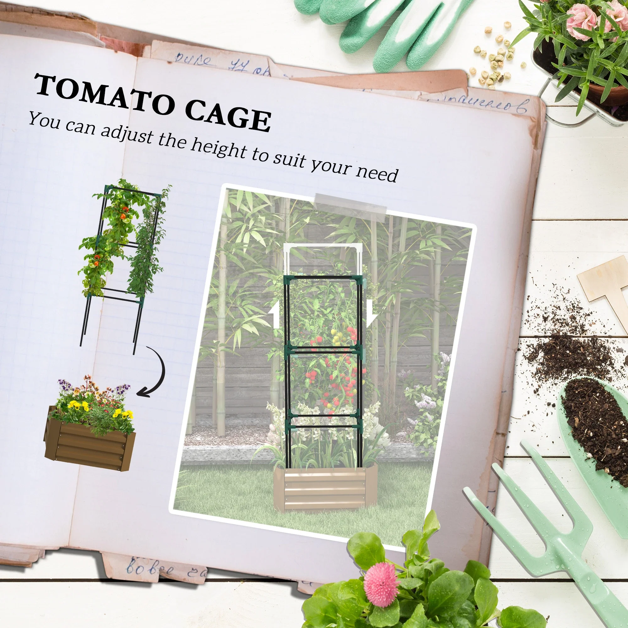 Galvanized Planter Box, Outdoor Raised Garden Bed with 3-Tier Trellis Tomato Cage for Climbing Vines, Vegetables, Brown - Image 4