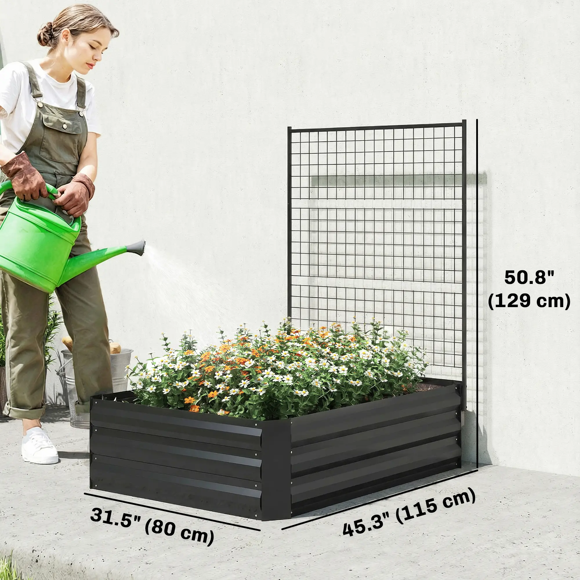 Galvanized Raised Garden Bed With Trellis, Open Bottom Planter Box, Black - Image 2