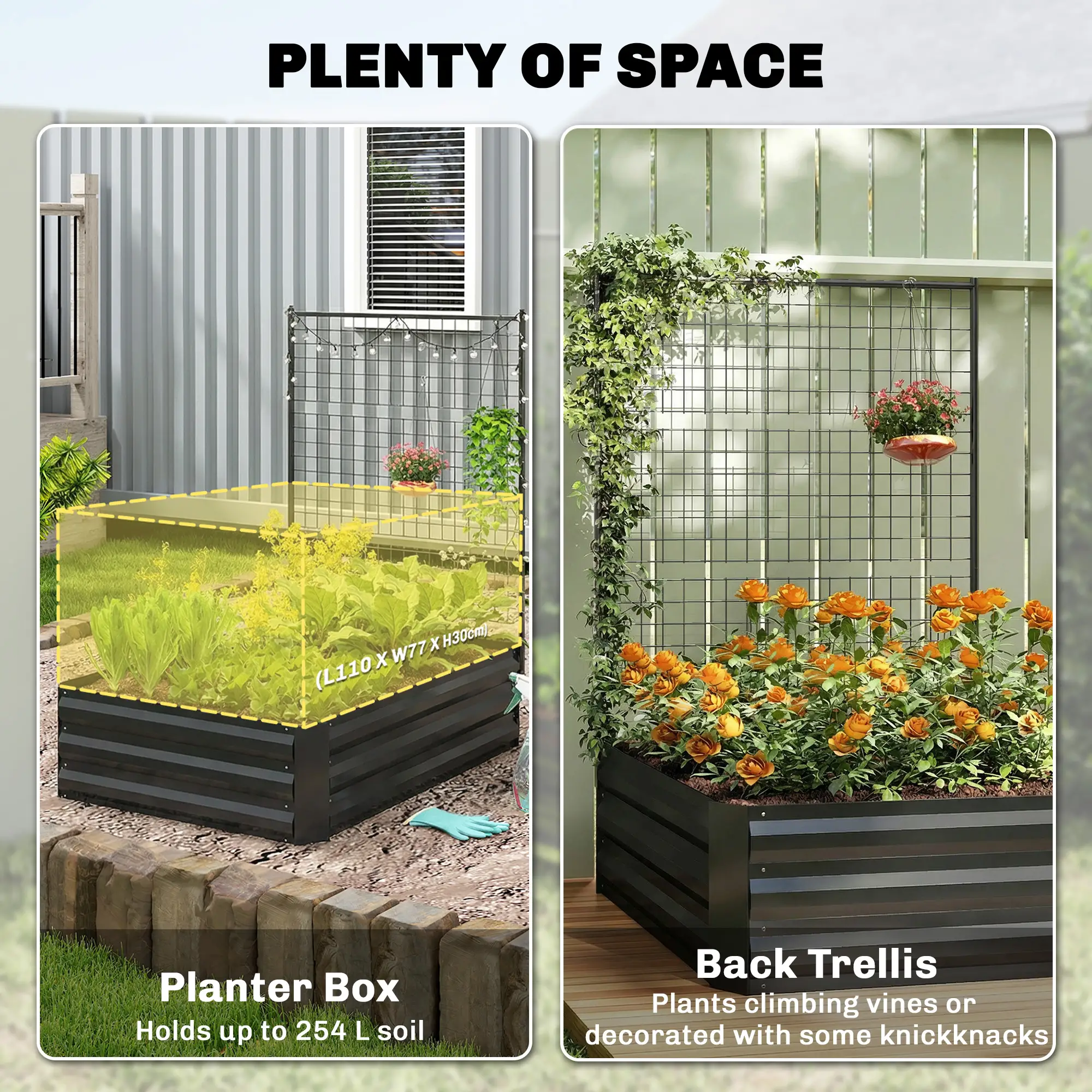 Galvanized Raised Garden Bed With Trellis, Open Bottom Planter Box, Black - Image 3