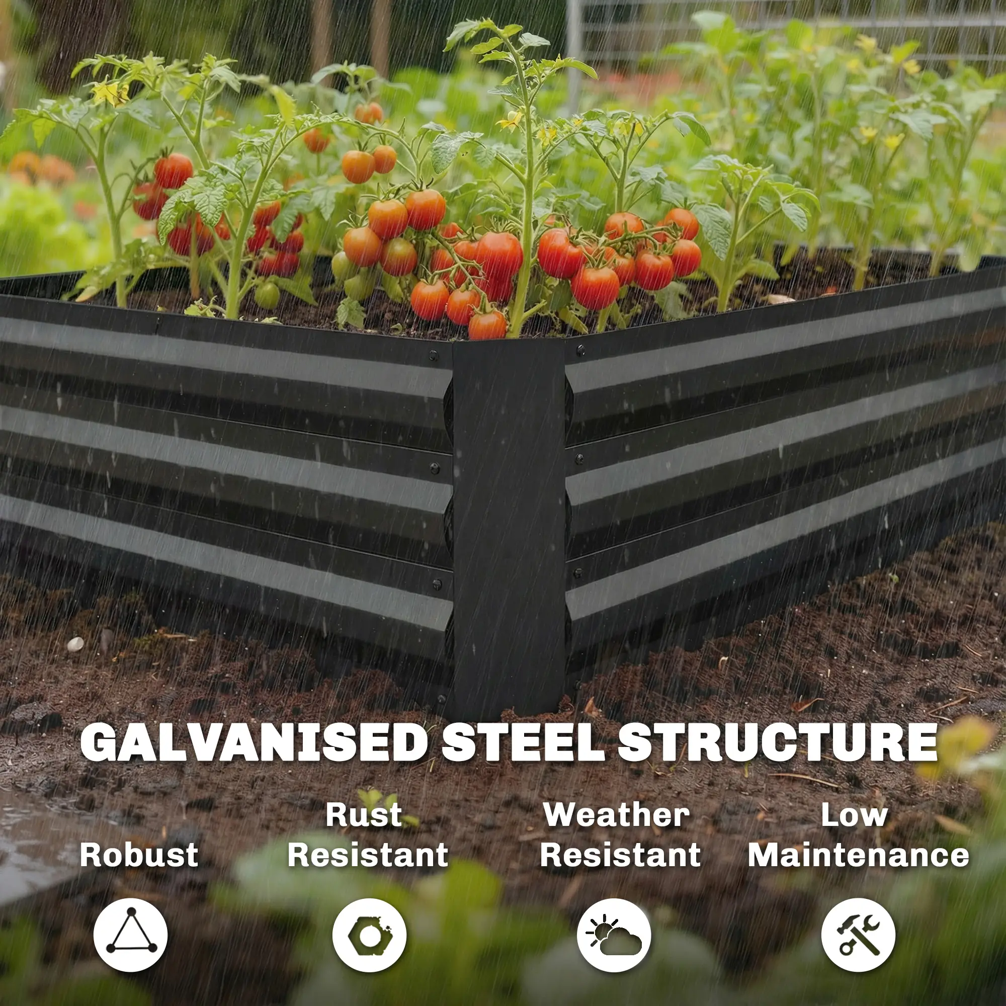 Galvanized Raised Garden Bed With Trellis, Open Bottom Planter Box, Black - Image 4