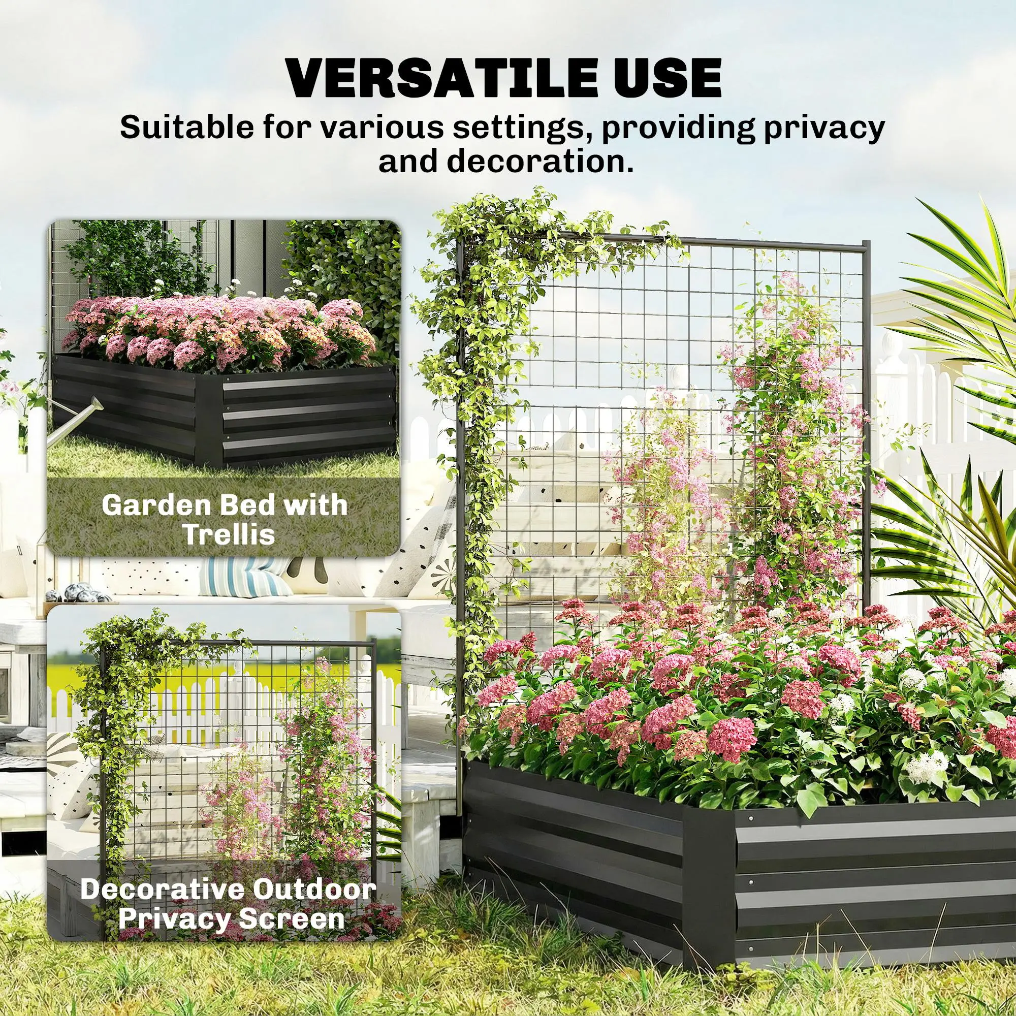 Galvanized Raised Garden Bed With Trellis, Open Bottom Planter Box, Black - Image 6
