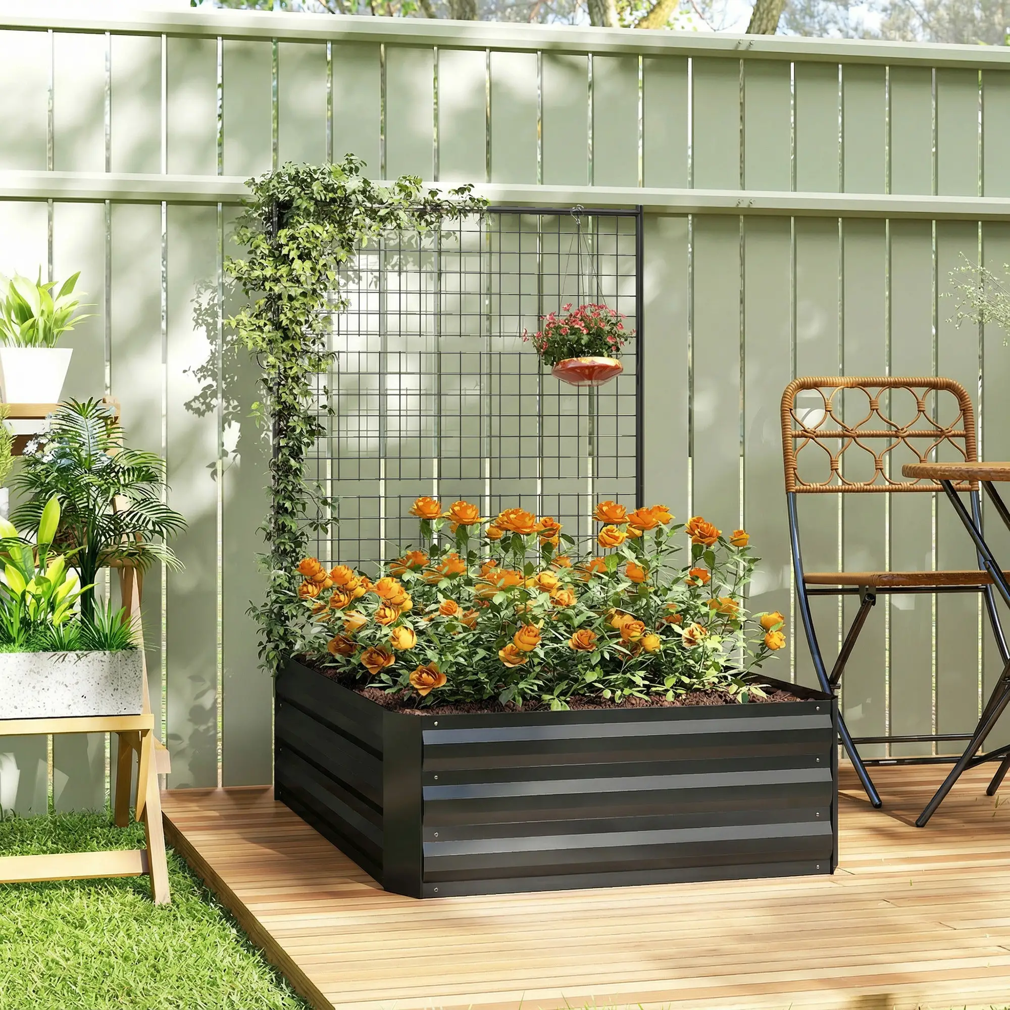 Galvanized Raised Garden Bed With Trellis, Open Bottom Planter Box, Black - Image 7