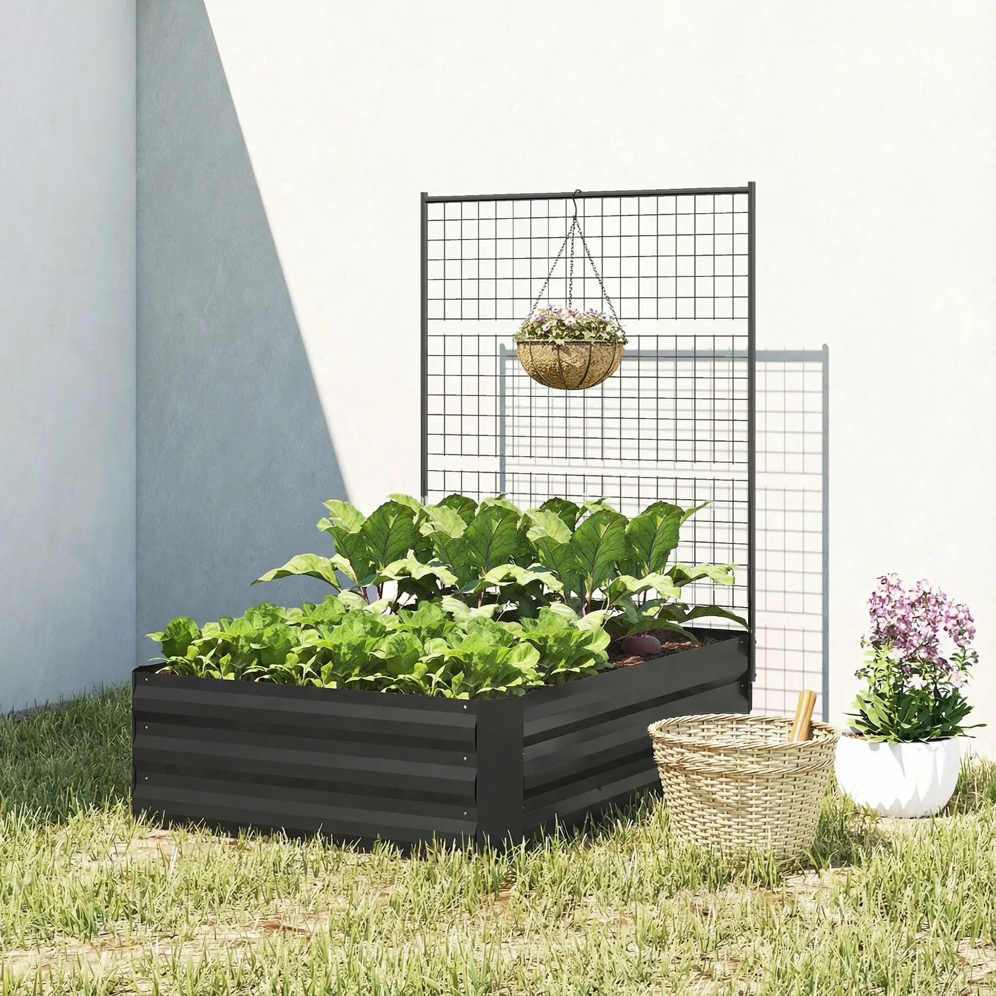 Galvanized Raised Garden Bed With Trellis, Open Bottom Planter Box, Black - Image 8