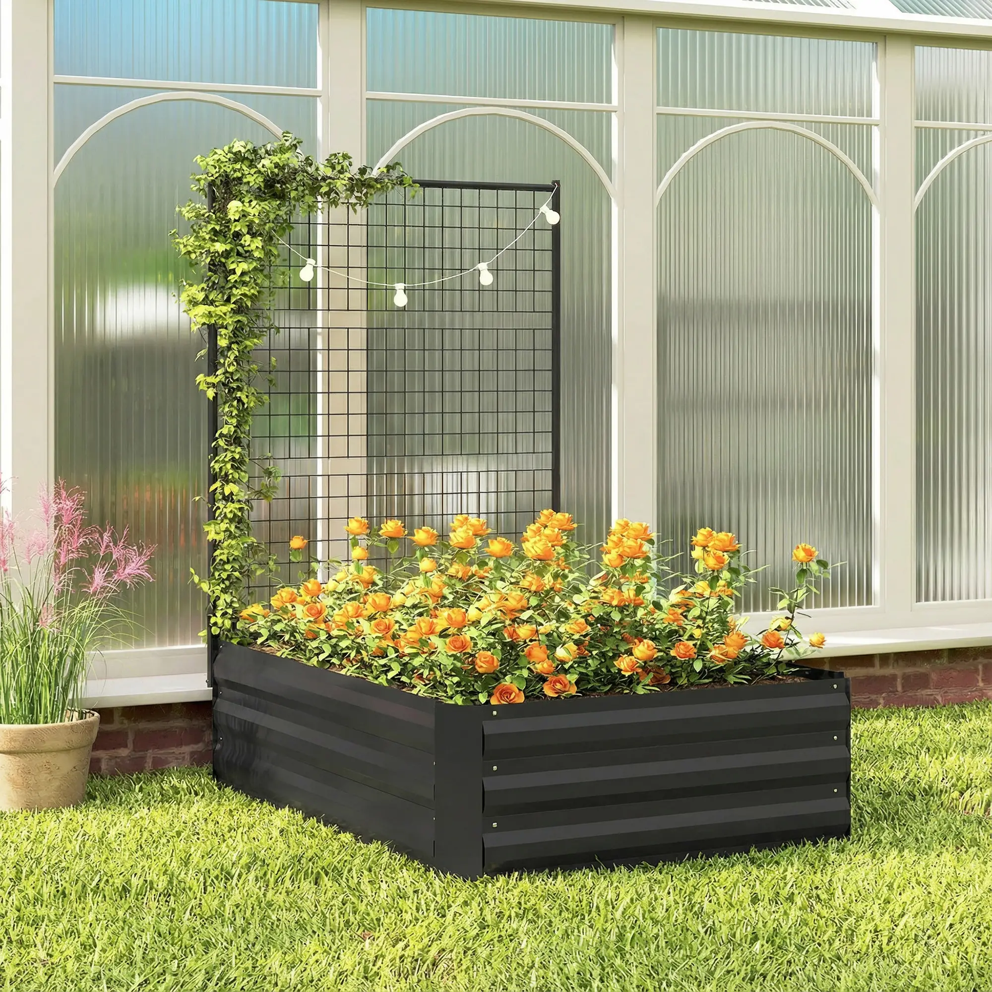 Galvanized Raised Garden Bed With Trellis, Open Bottom Planter Box, Black - Image 9