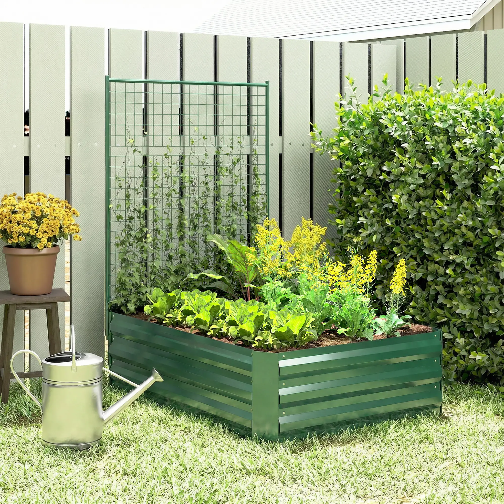 Galvanized Raised Garden Bed With Trellis, Outdoor Planter Box, Green - Image 2