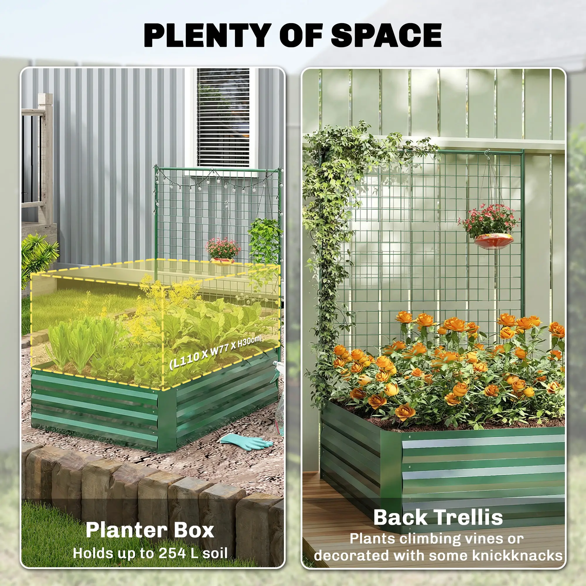Galvanized Raised Garden Bed With Trellis, Outdoor Planter Box, Green - Image 4