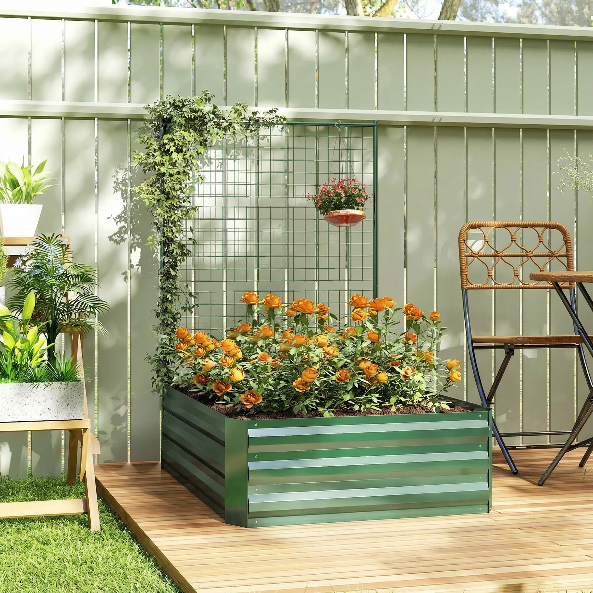 Galvanized Raised Garden Bed With Trellis, Outdoor Planter Box, Green - Image 8