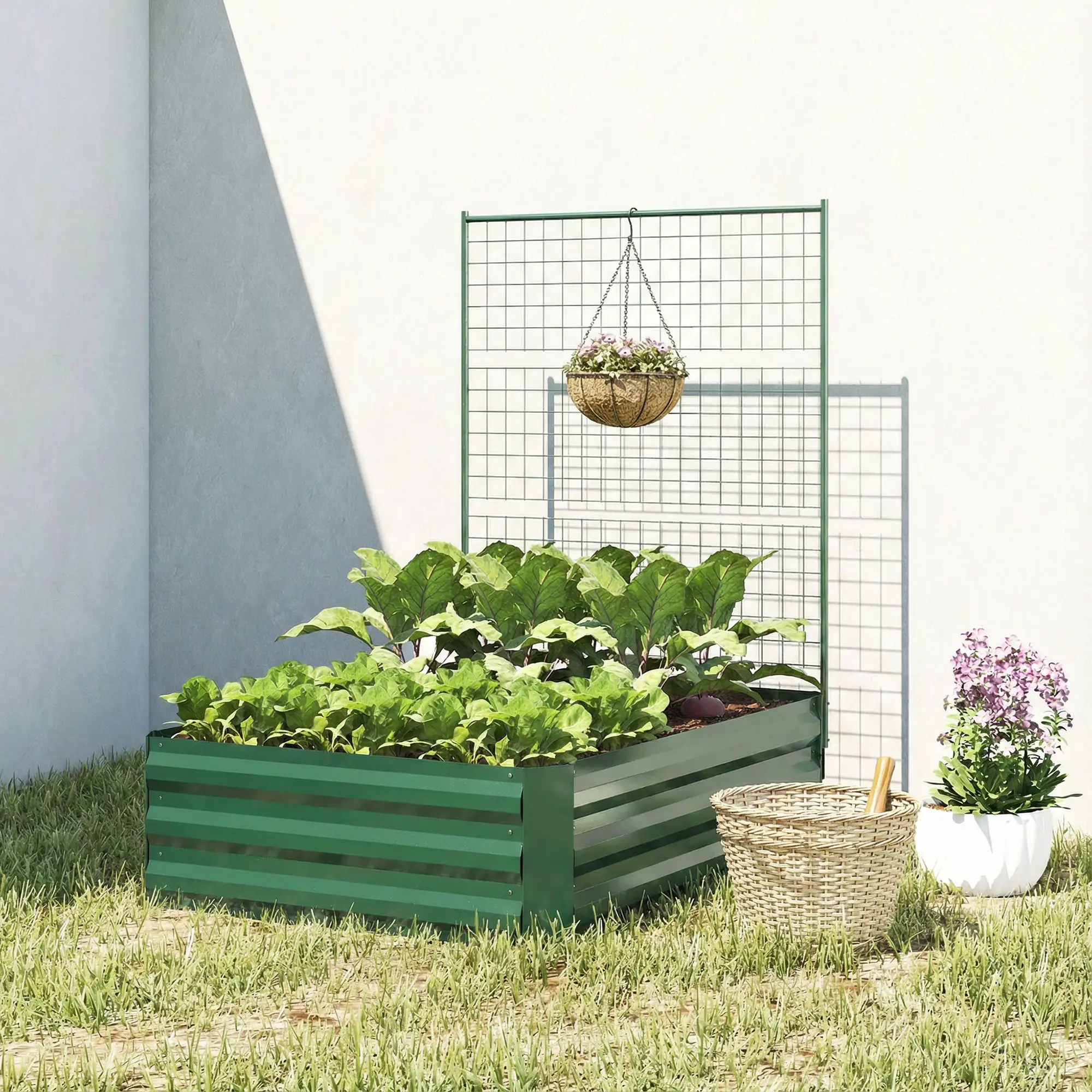 Galvanized Raised Garden Bed With Trellis, Outdoor Planter Box, Green - Image 9