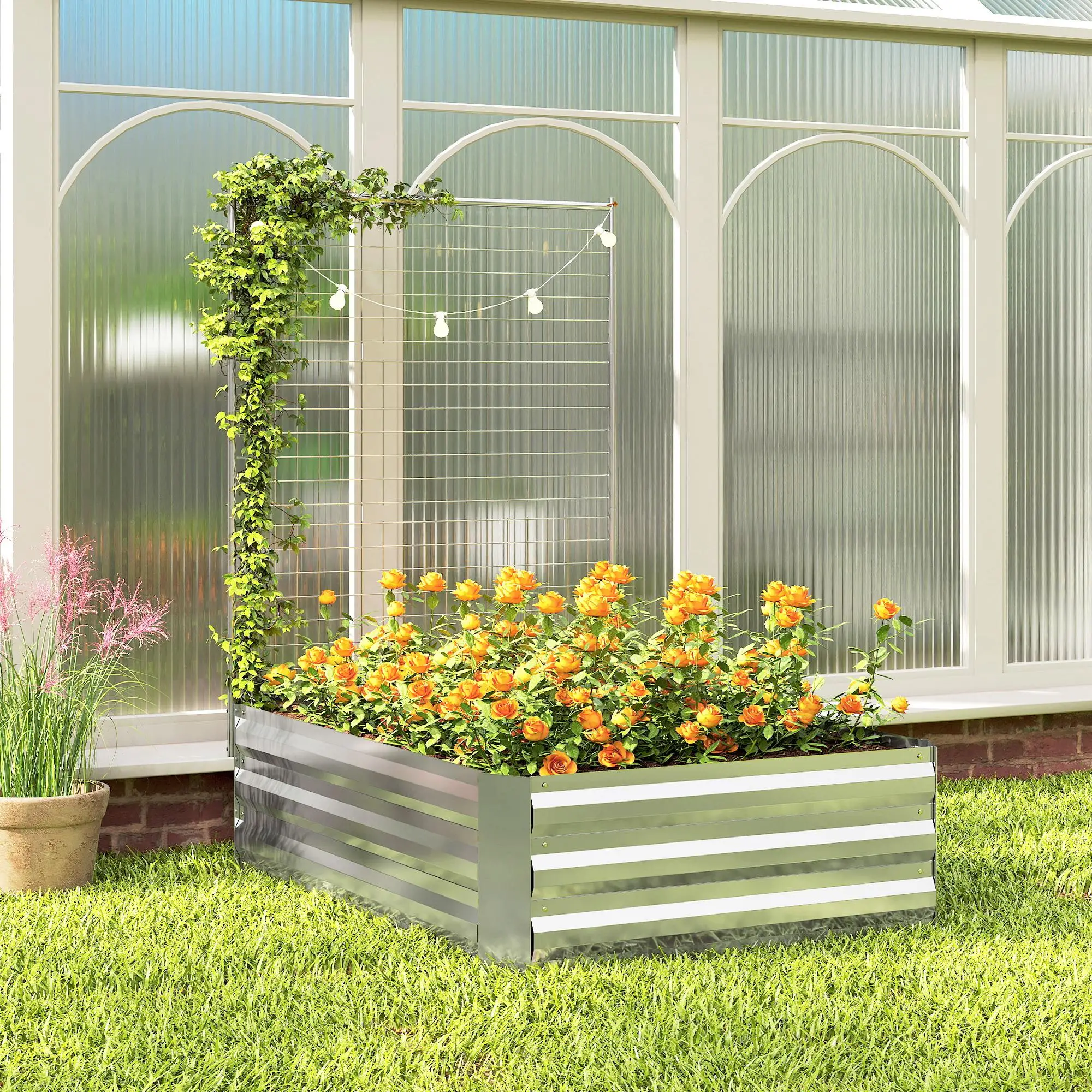 Galvanized Raised Garden Bed With Trellis, Planter Box, Open Bottom, Silver - Image 10