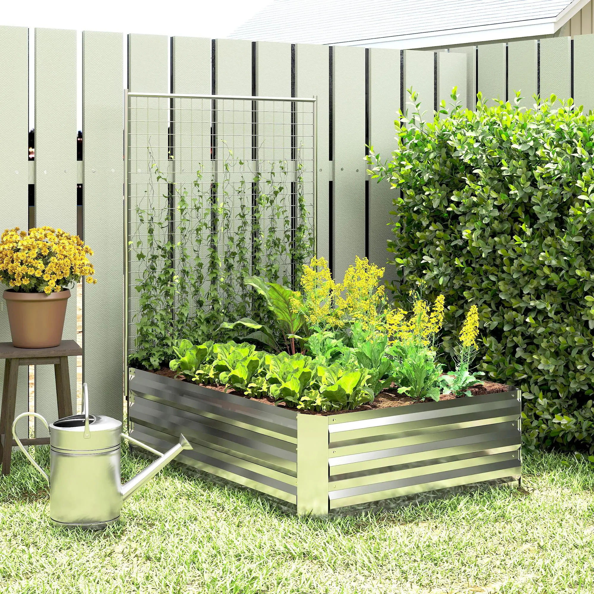 Galvanized Raised Garden Bed With Trellis, Planter Box, Open Bottom, Silver - Image 2