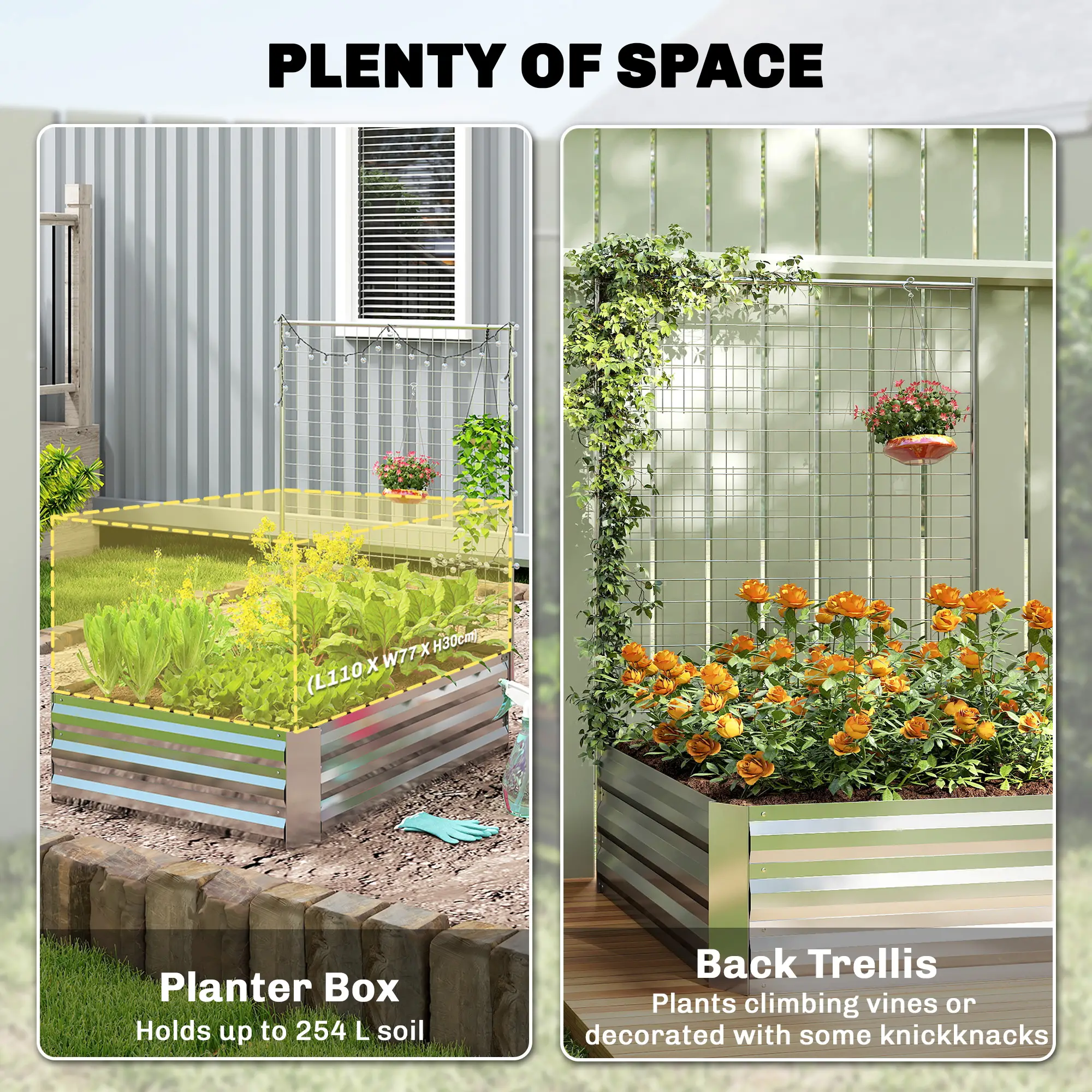Galvanized Raised Garden Bed With Trellis, Planter Box, Open Bottom, Silver - Image 4