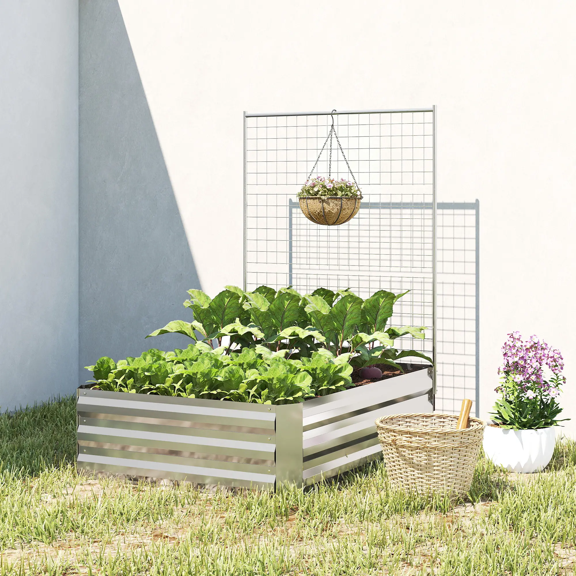 Galvanized Raised Garden Bed With Trellis, Planter Box, Open Bottom, Silver - Image 9