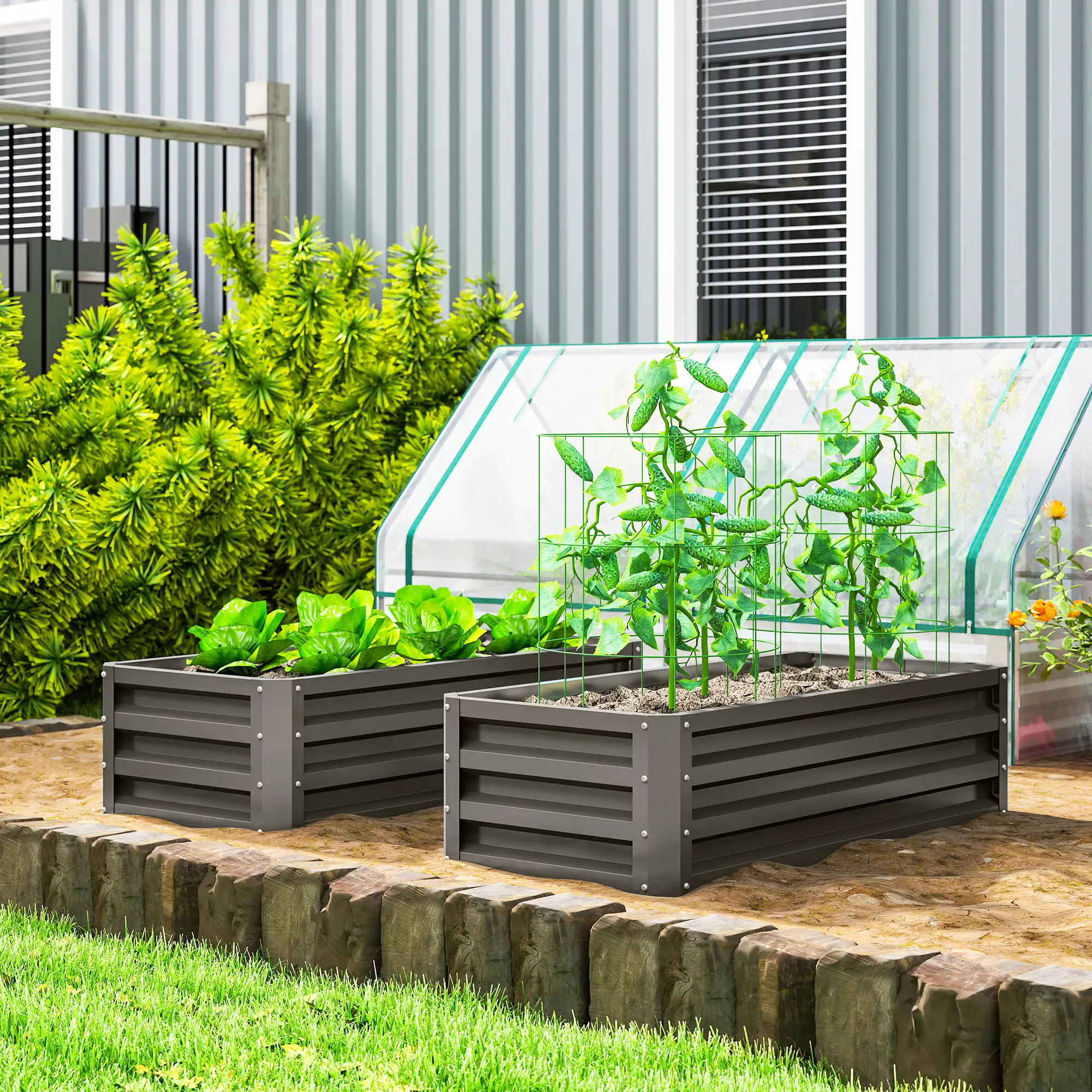 Galvanized Raised Garden Beds, Outdoor Planter Box, Set of 2, Dark Grey - Image 2