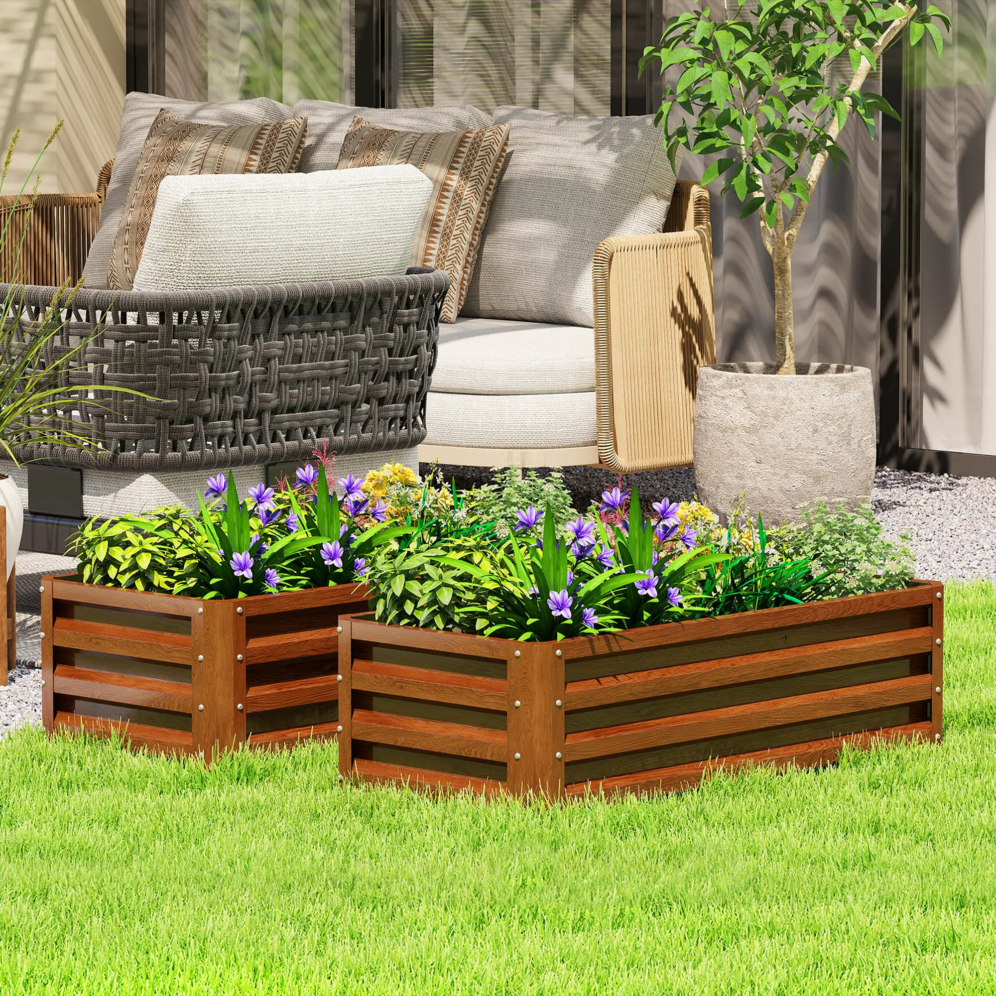 Galvanized Raised Garden Beds, Set of 2, Wood Effect, Brown - Image 2