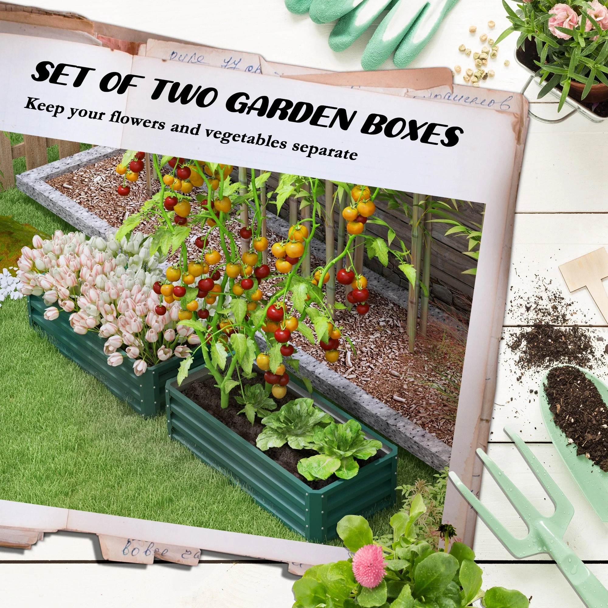 Galvanized Raised Garden Beds, Set of 2, Outdoor Planter Box, Green - Image 4