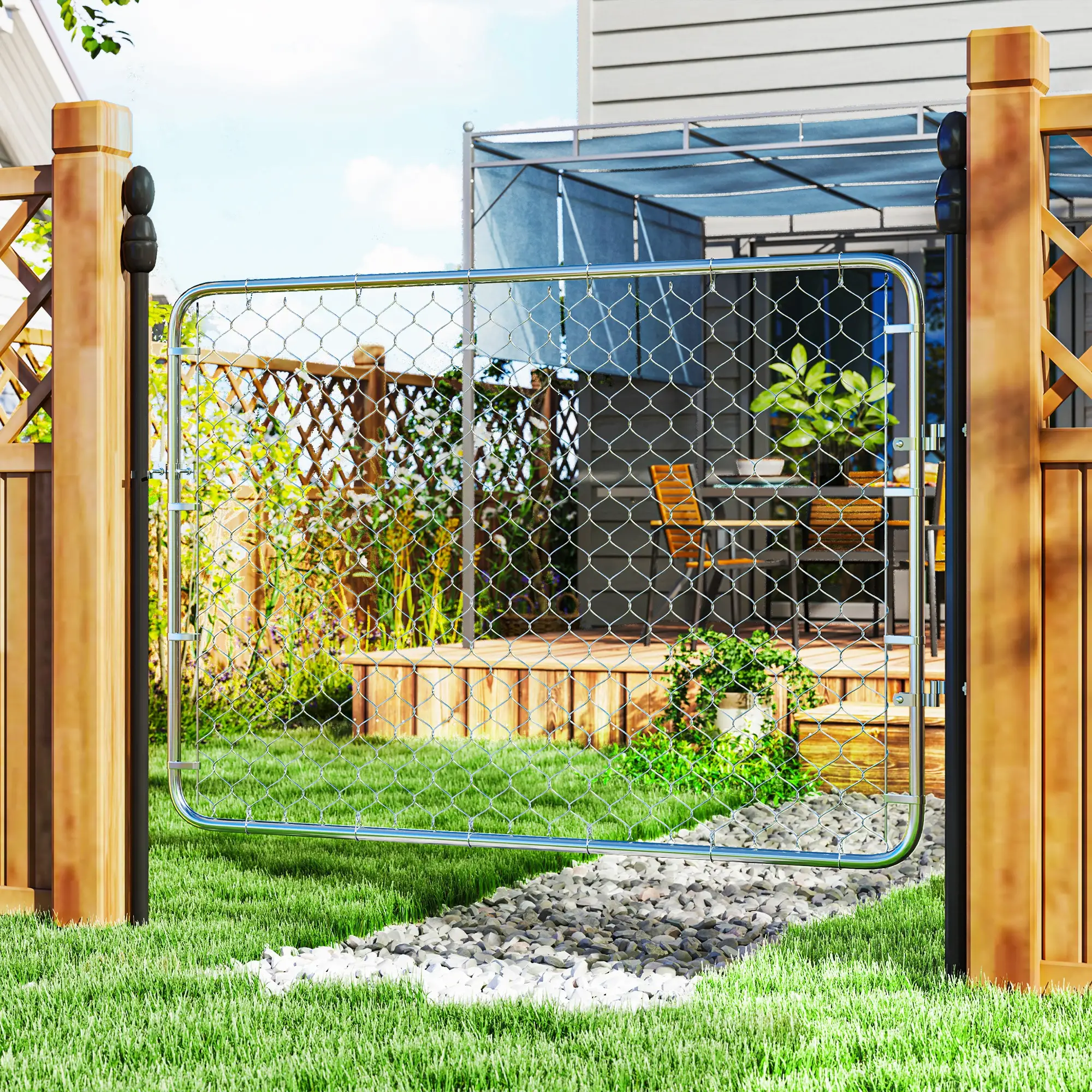 Galvanized Steel Garden Gate, Chain Link Fence Door, 47.2 x 70.9 in., Silver - Image 2